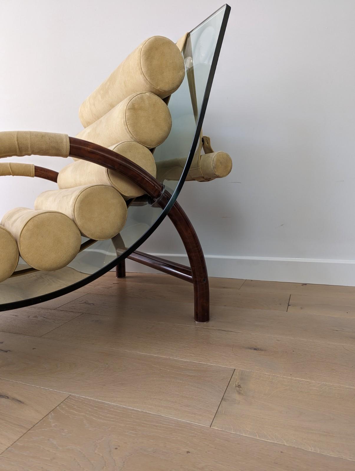 Fabio Lenci style curved glass arm chair with burled walnut base and cushions 6