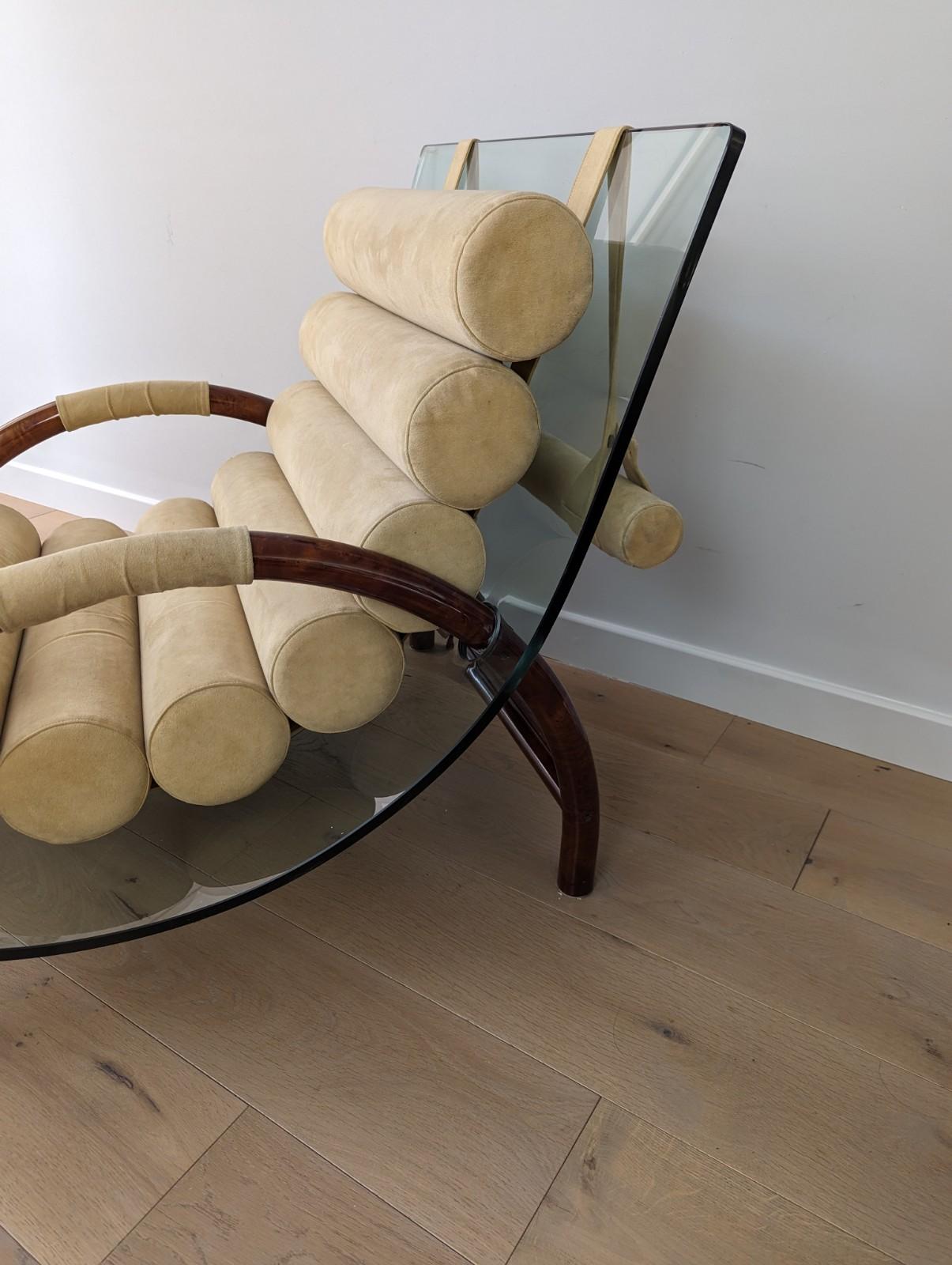 Fabio Lenci style curved glass arm chair with burled walnut base and cushions 7