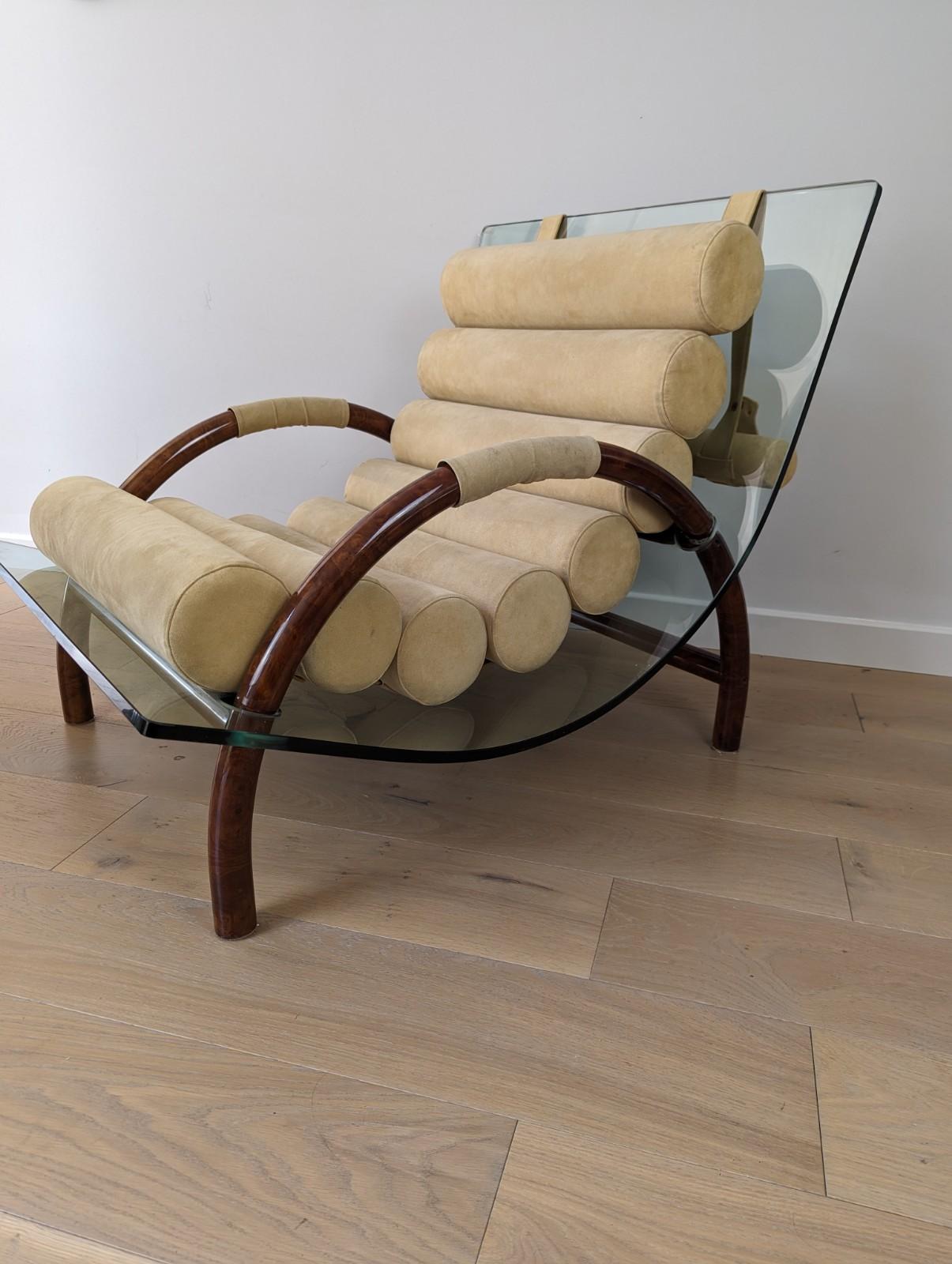 Mid-Century Modern Fabio Lenci style curved glass arm chair with burled walnut base and cushions