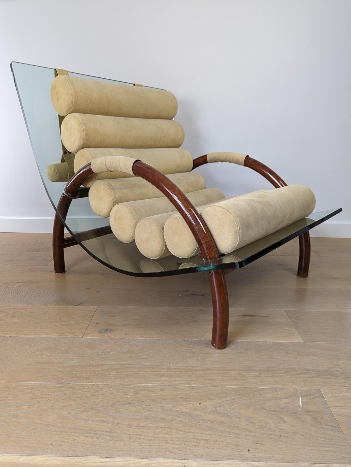 Spanish Fabio Lenci style curved glass arm chair with burled walnut base and cushions