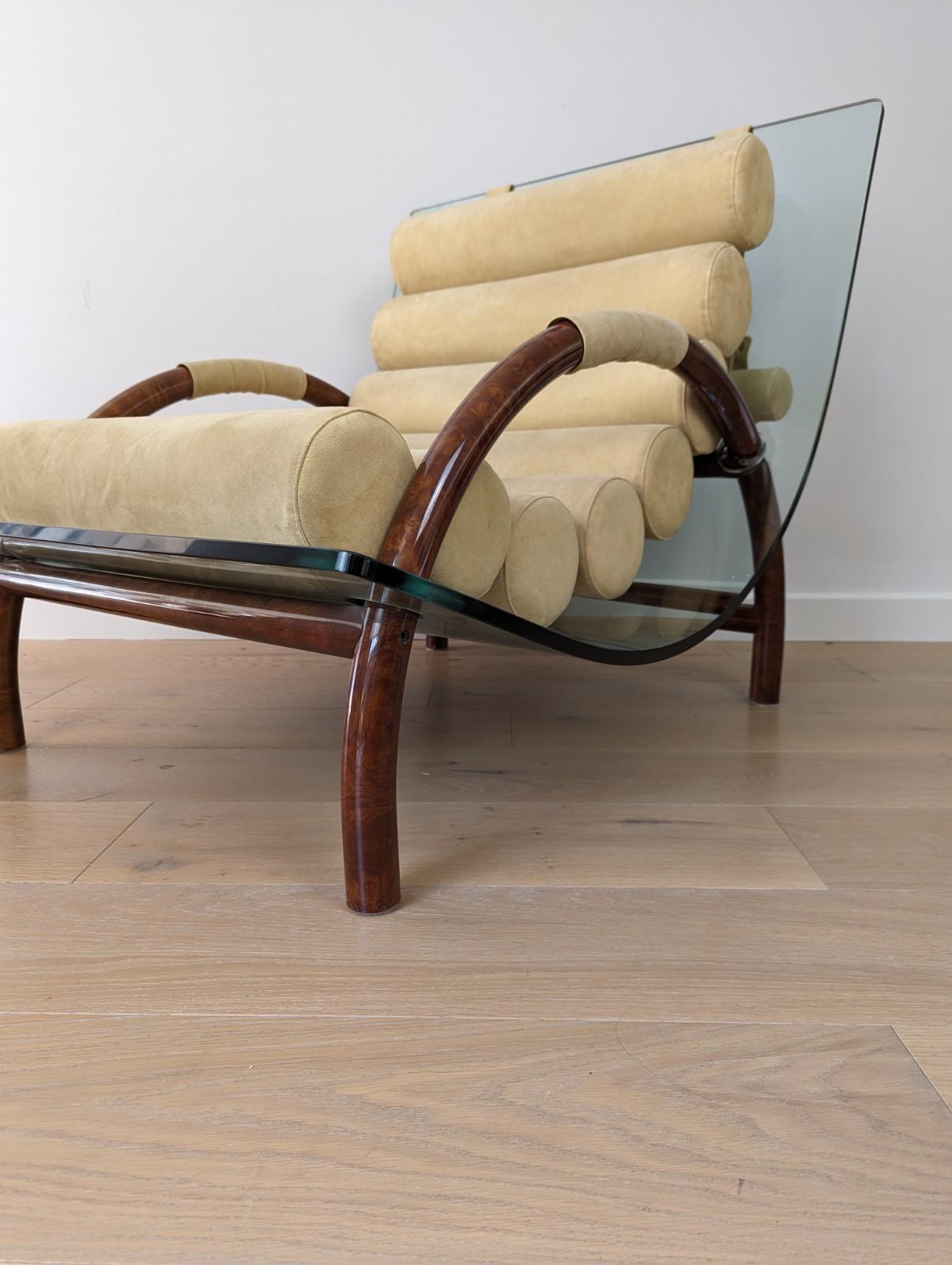 Fabio Lenci style curved glass arm chair with burled walnut base and cushions In Good Condition In Tunbridge Wells, GB