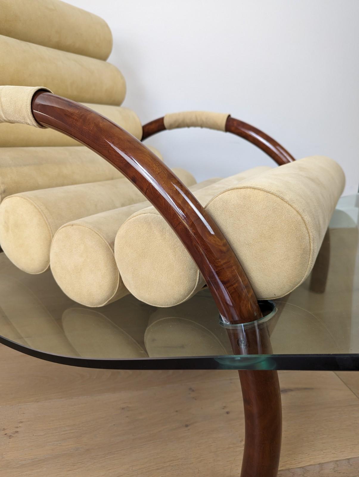 20th Century Fabio Lenci style curved glass arm chair with burled walnut base and cushions