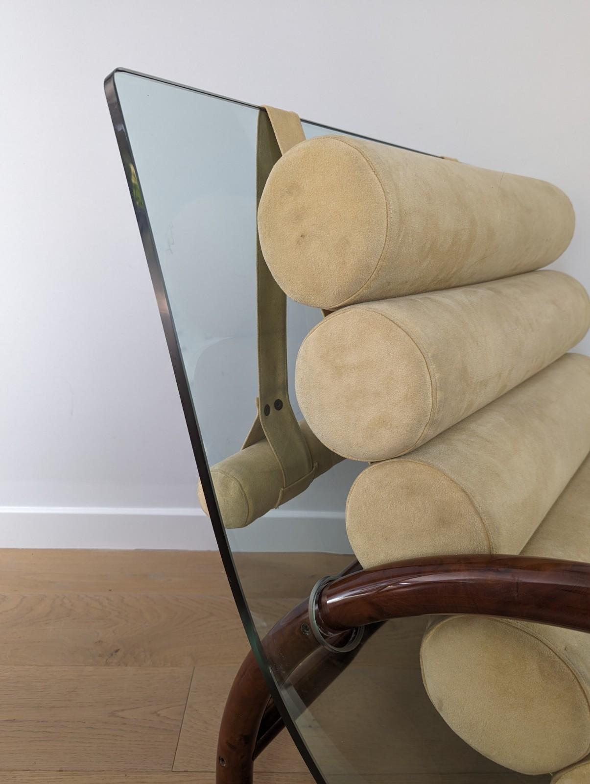Fabric Fabio Lenci style curved glass arm chair with burled walnut base and cushions