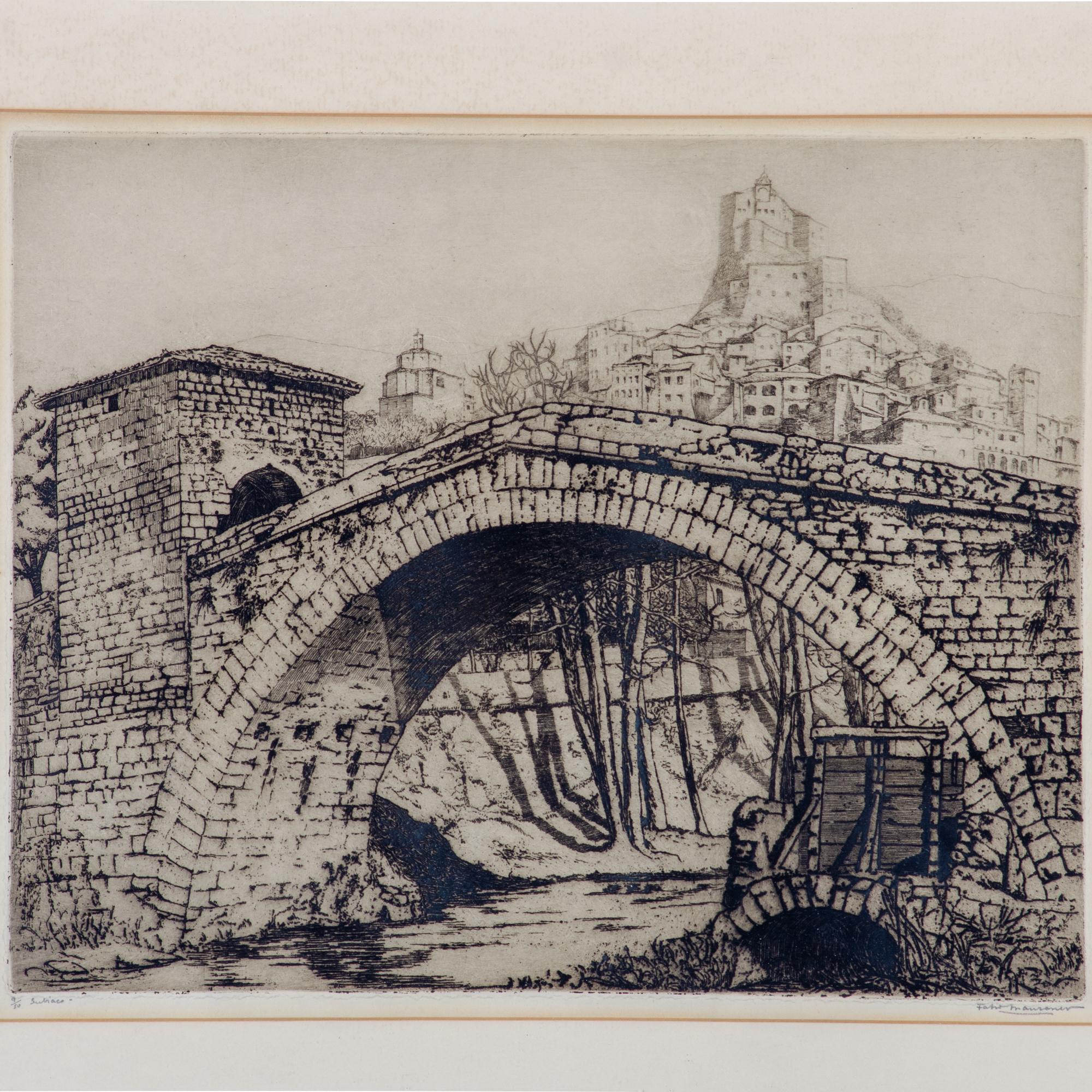 Fabio Mauroner
(Italien, 1884-1944)



Subiaco (um 1922, Auflage 9 von 50), zeigt die Brücke des Heiligen Franziskus, eine mittelalterliche Segmentbogenbrücke in Subiaco, Italien.



Visier (Subiaco): 12 x 9 ¾ Zoll

Rahmen (Subiaco): 17 mal 14¾