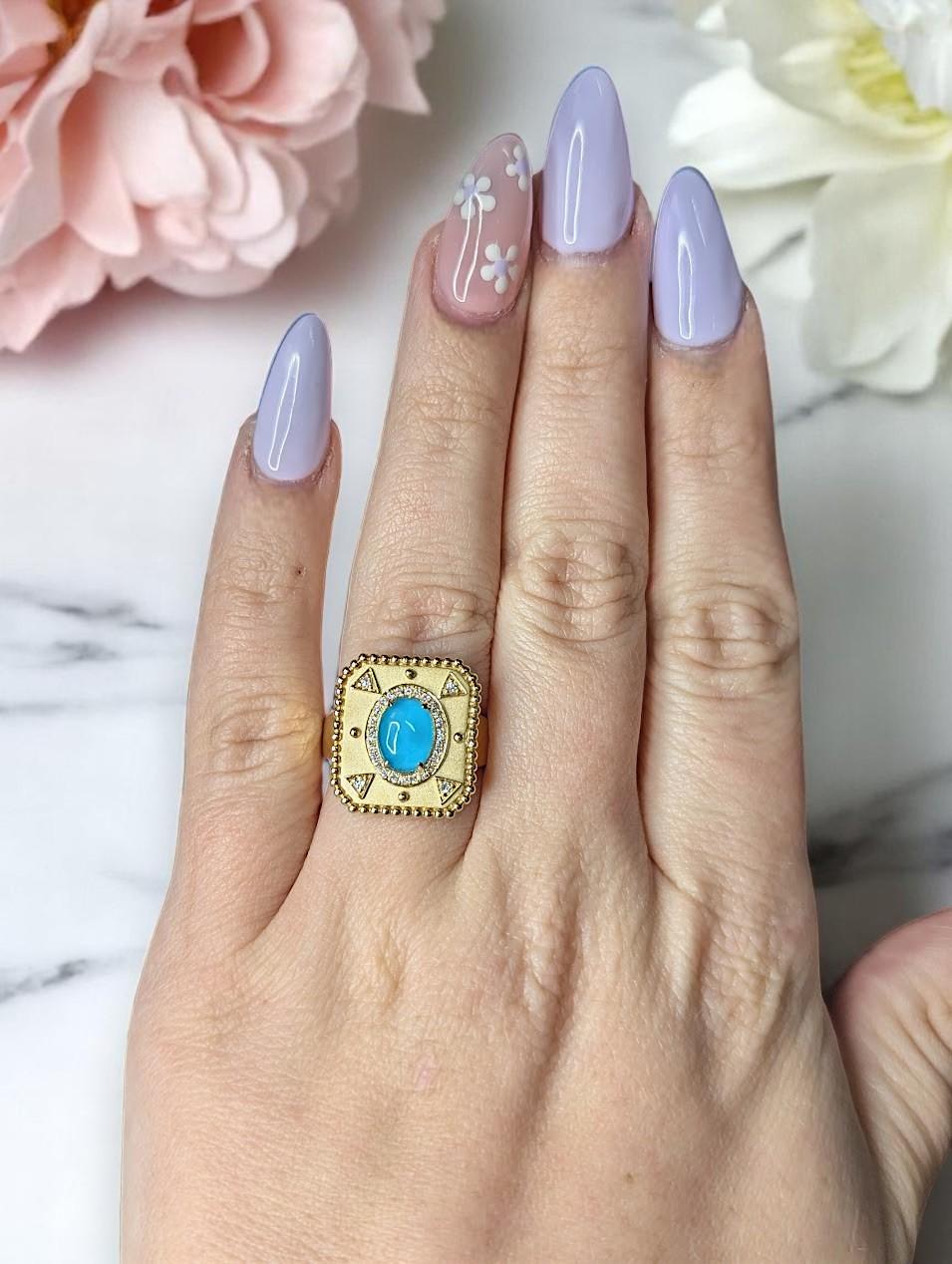 A legend set in gold. 💍 The Fable Ring by Mountain Song Jeweler is a story of ancient royalty, vibrant soul, and bold elegance. Handcrafted in solid 18k yellow gold, this regal piece features a captivating 1.50 carat natural turquoise—a stone long