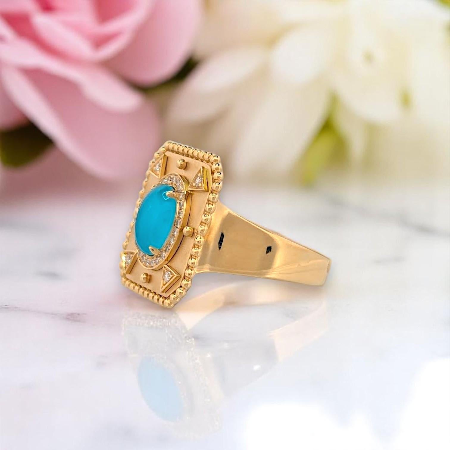 Oval Cut Fable  18k Yellow Gold Justinian Ring – 1.50 ct Turquoise & Natural Diamond For Sale