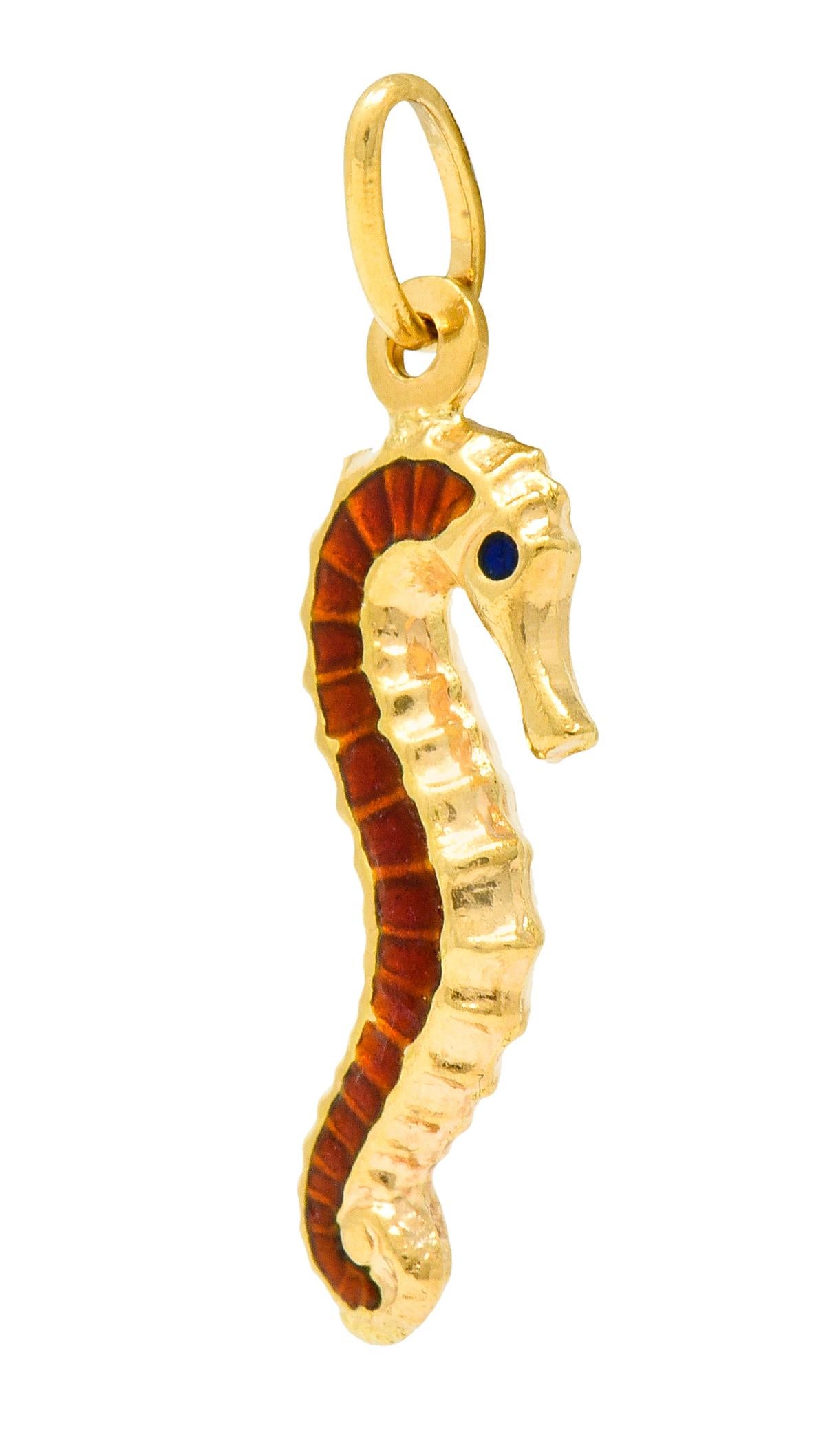 Charm is rendered as a three dimensional puffed seahorse with mirrored details on both sides

Deeply ridged  glossed with reddish-orange enamel scales

Eyes are bright blue enamel accents

Fully signed Fabor with assay marks for Arezzo