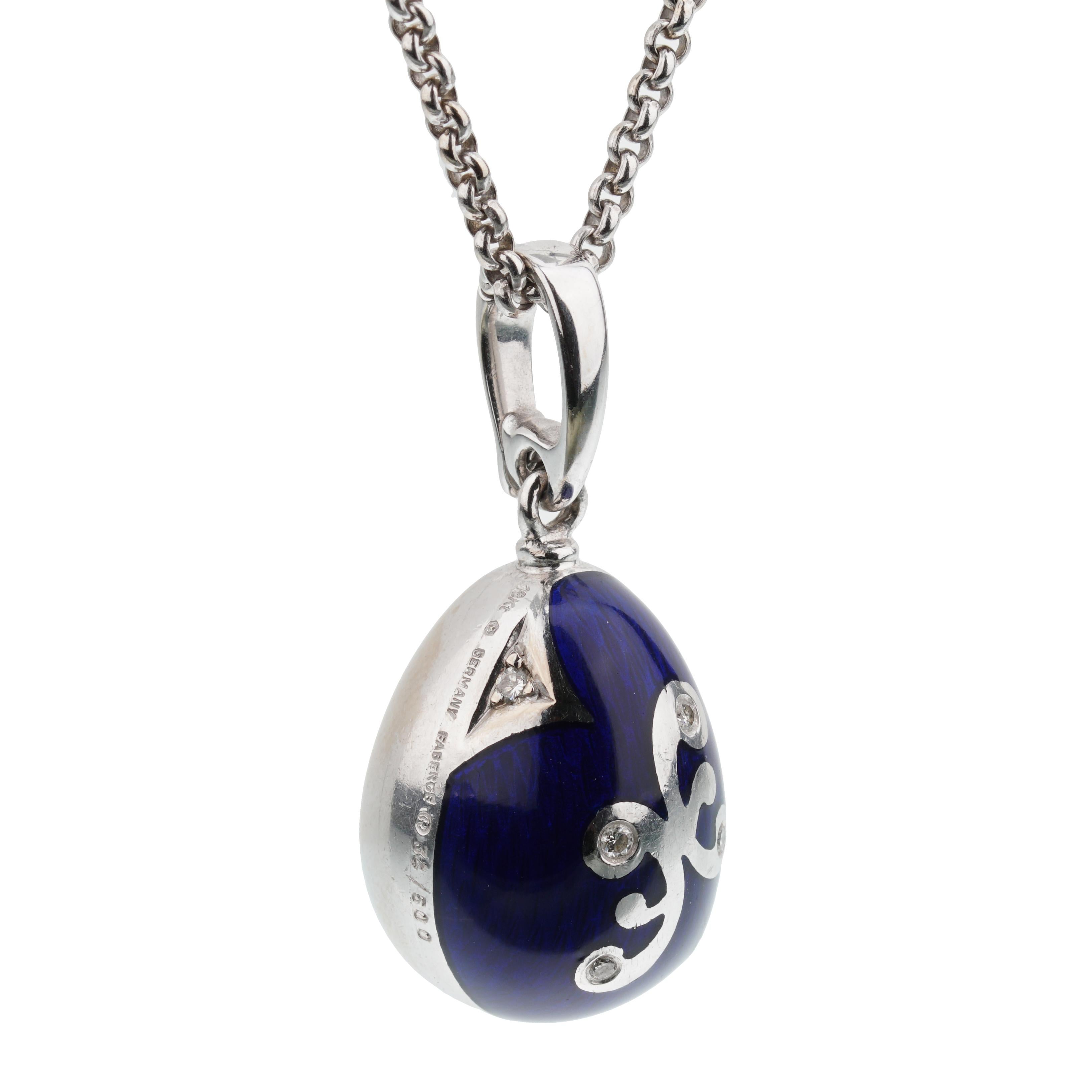 An amazing limited edition of 500 pieces Fabrege diamond pendant necklace showcasing blue enamel and white round brilliant cut diamonds set in 18k white gold.

