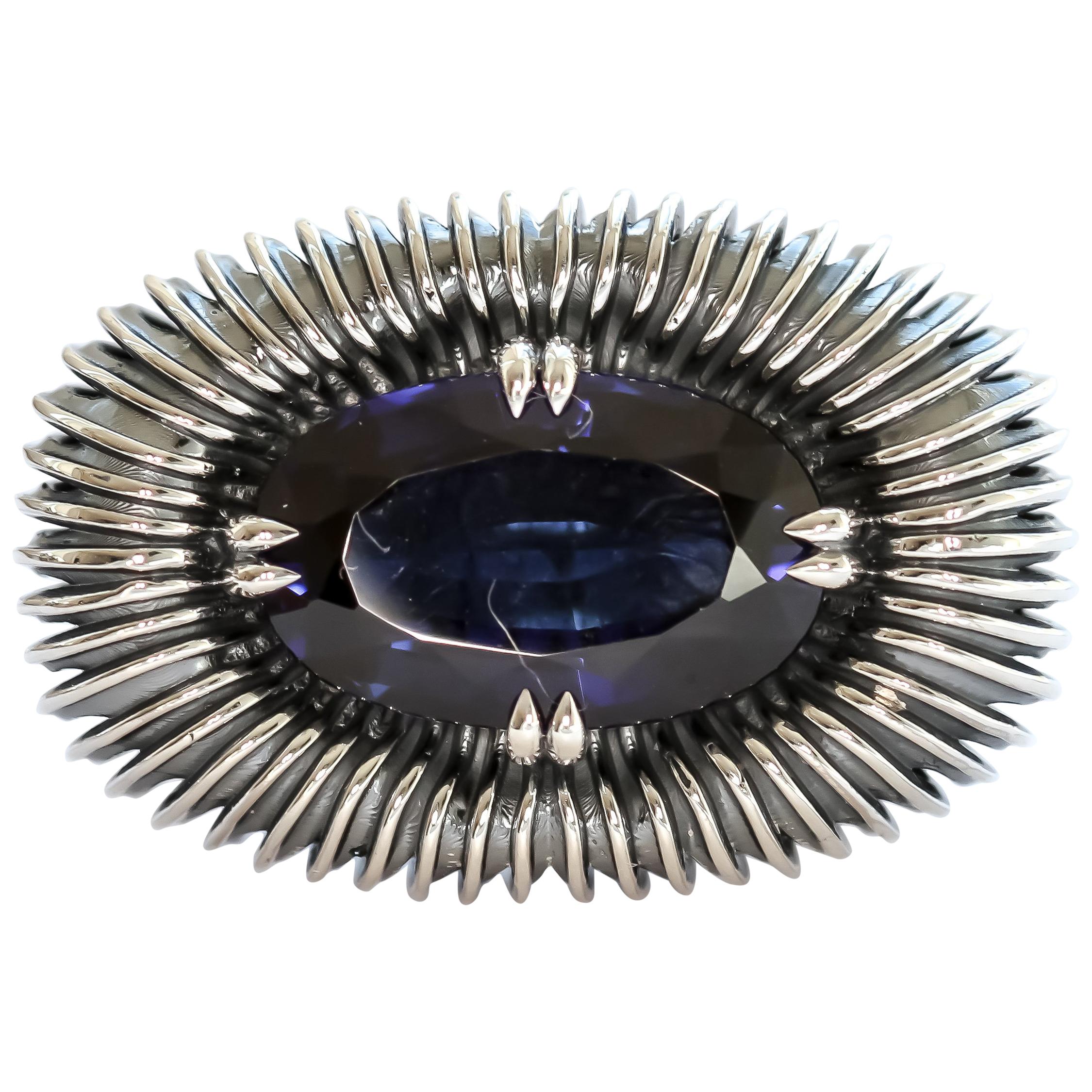 Round Cut Fabri Emergence Blue Sapphire and Sterling Silver Ring For Sale