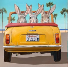 3 Rabbits in a Car -  original wildlife nature oil artwork realism contemporary