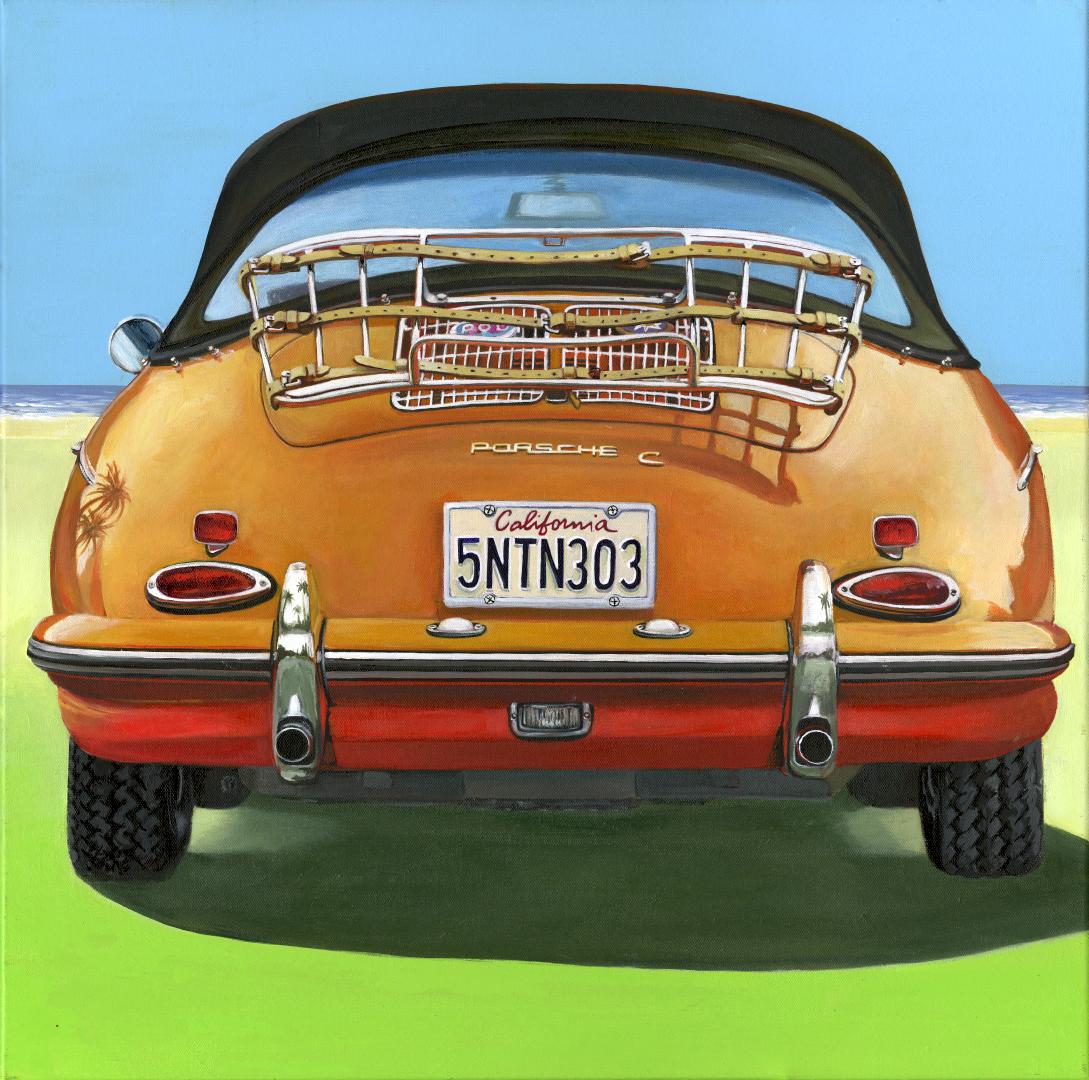 Balade zu San Diego – Rotes Auto, Ölgemälde, zeitgenössischer moderner Fotorealismus