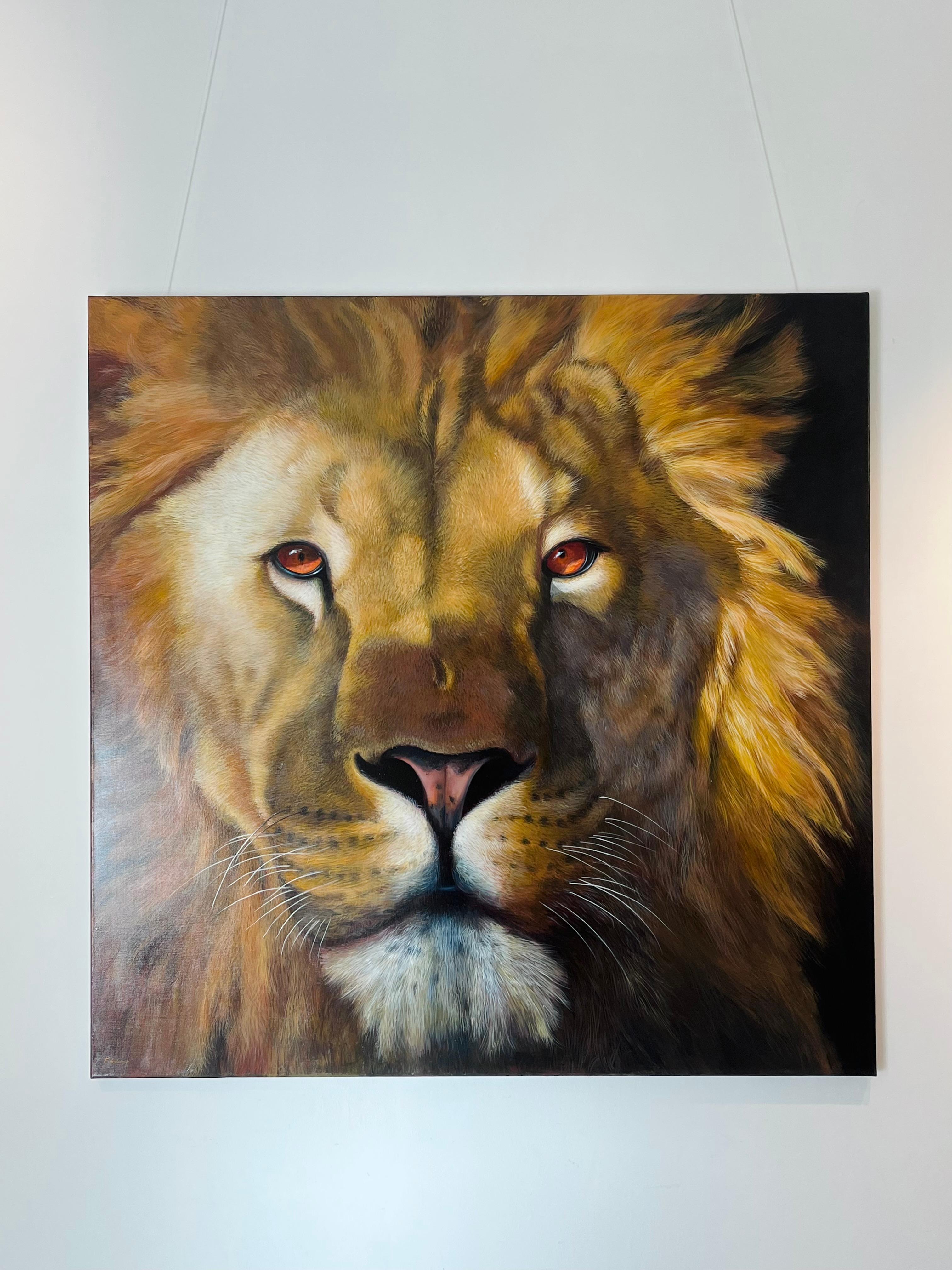 Power Lion-original modern photo realism wildlife oil painting-contemporary Art - Painting by Fabriano