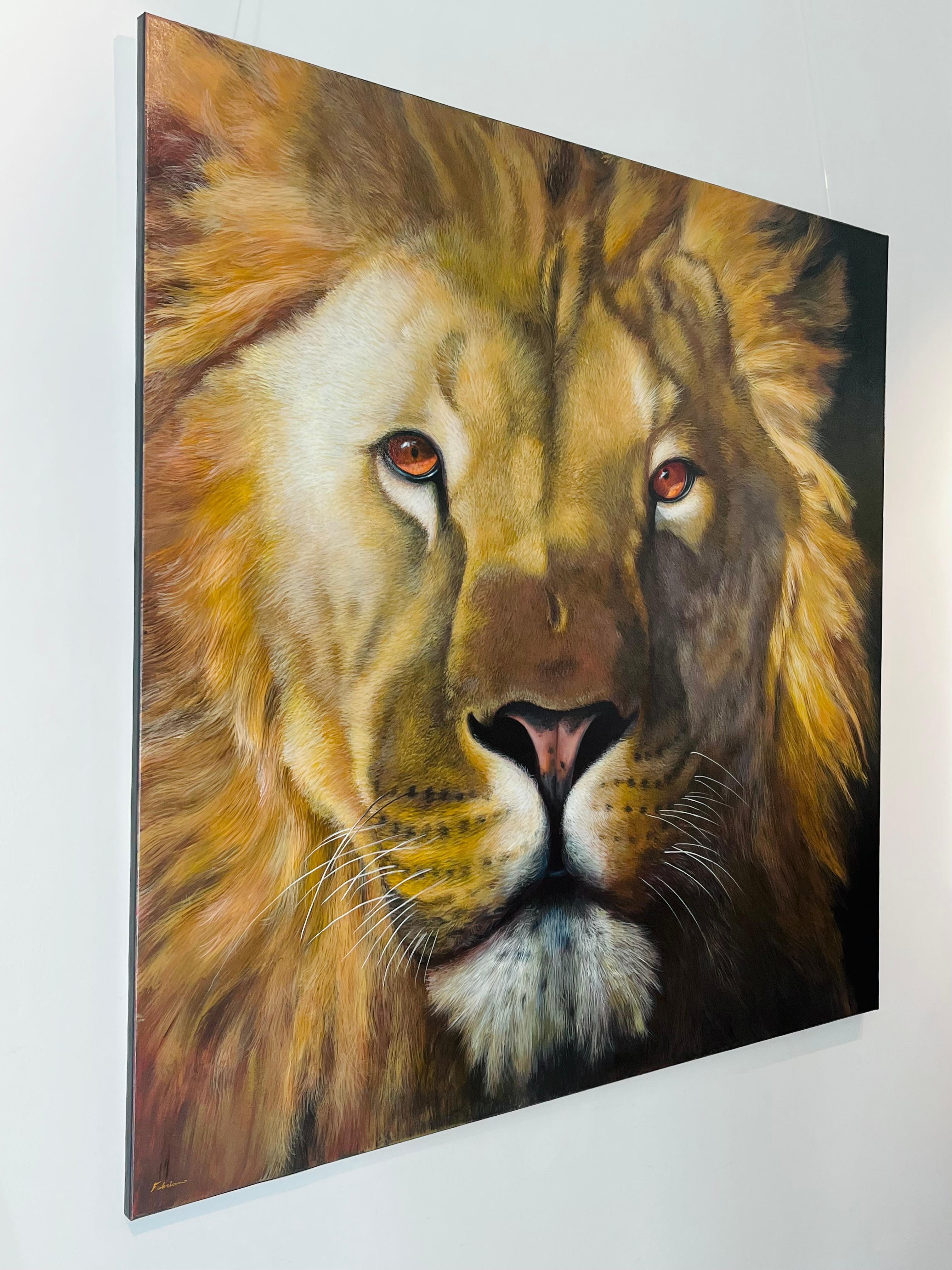 Power Lion-original modern photo realism wildlife oil painting-contemporary Art - Abstract Impressionist Painting by Fabriano