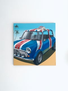 So British Oil Painting of Bulldog on Mini Car, Signed, 60x60 cm