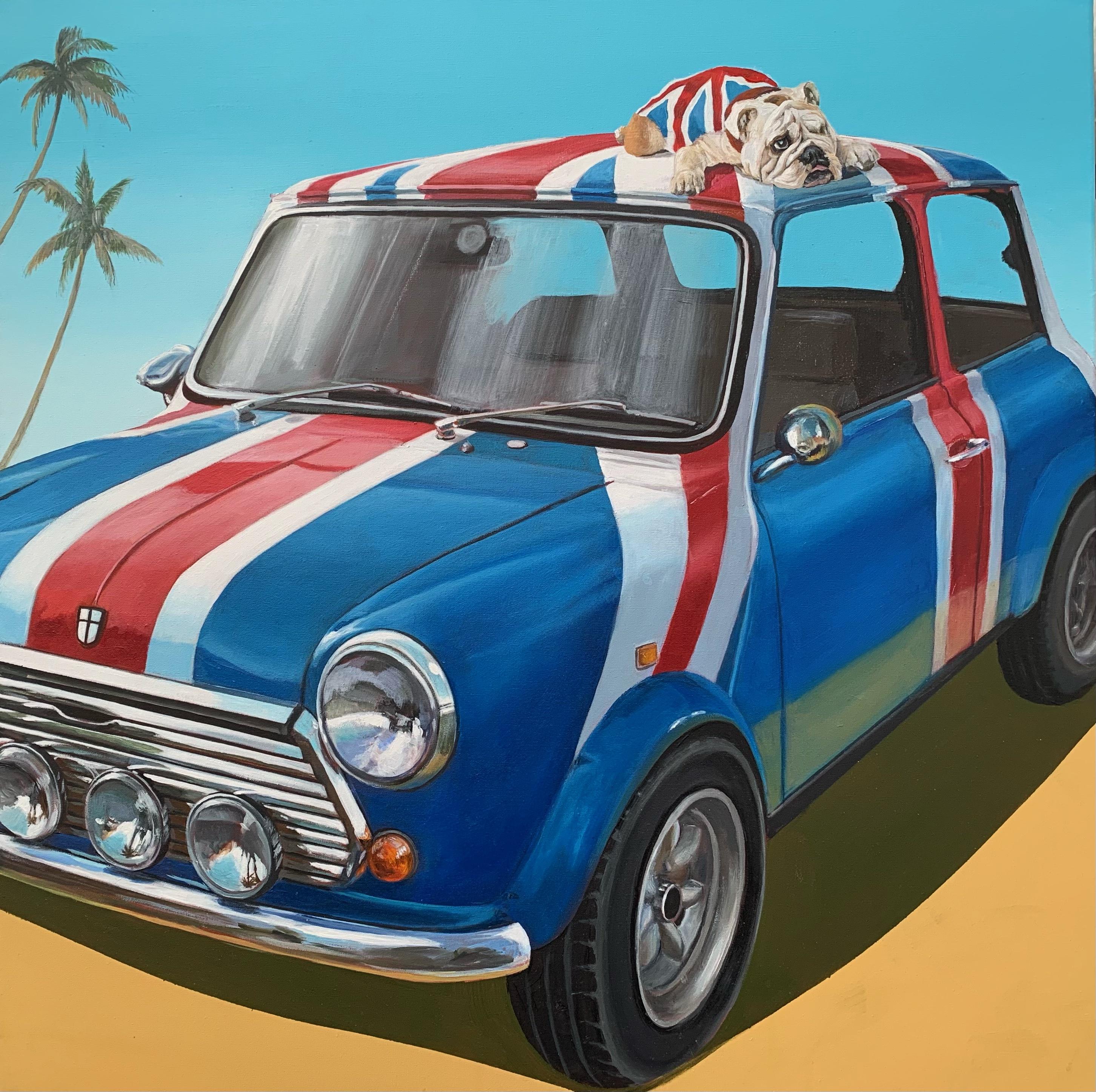 So British Oil Painting of Bulldog on Mini Car, Signed, 60x60 cm