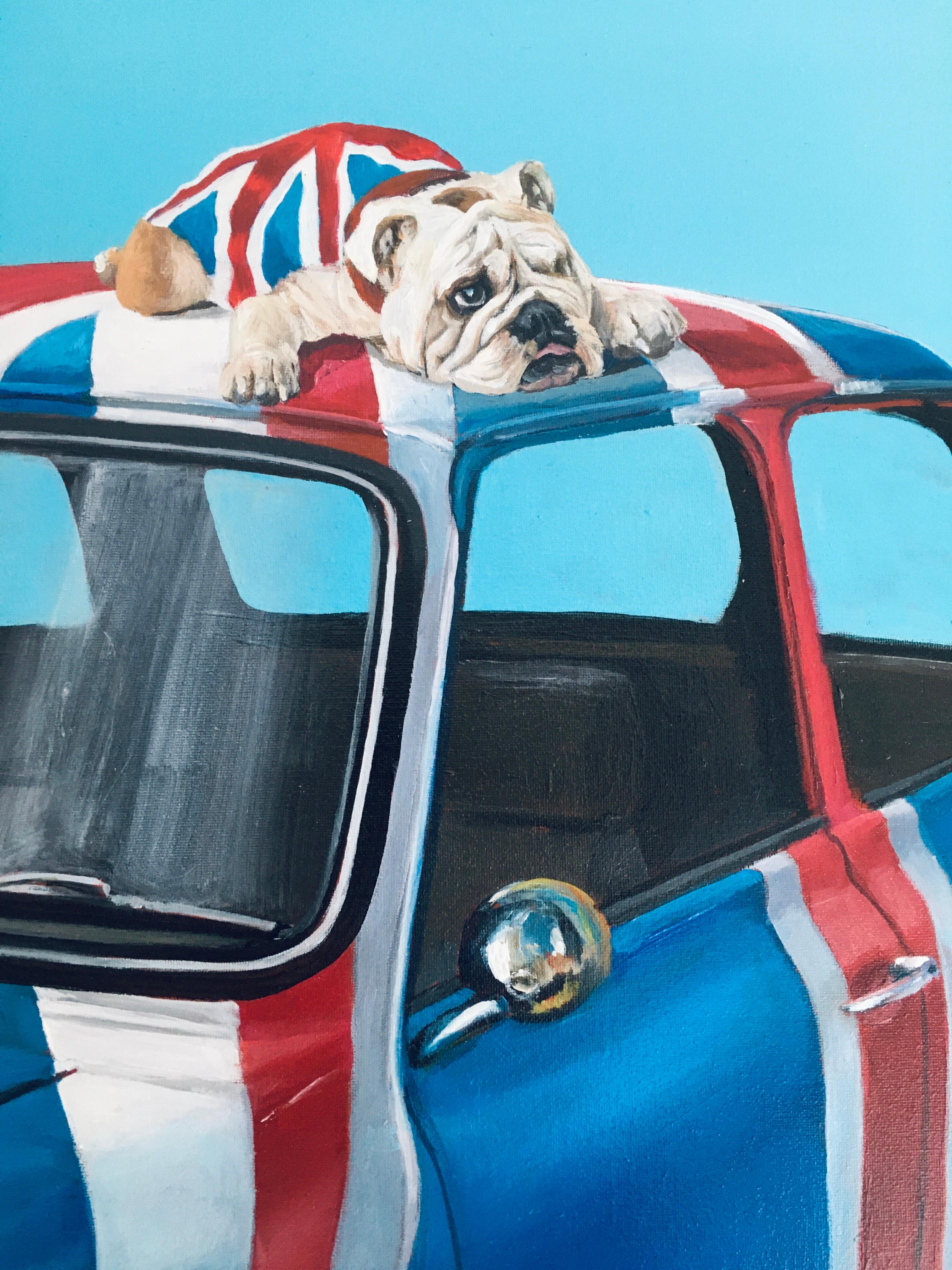 So Contemporary-original photo realism animal-bulldog oil painting-contemporary Art - Violet Landscape Painting par Fabriano