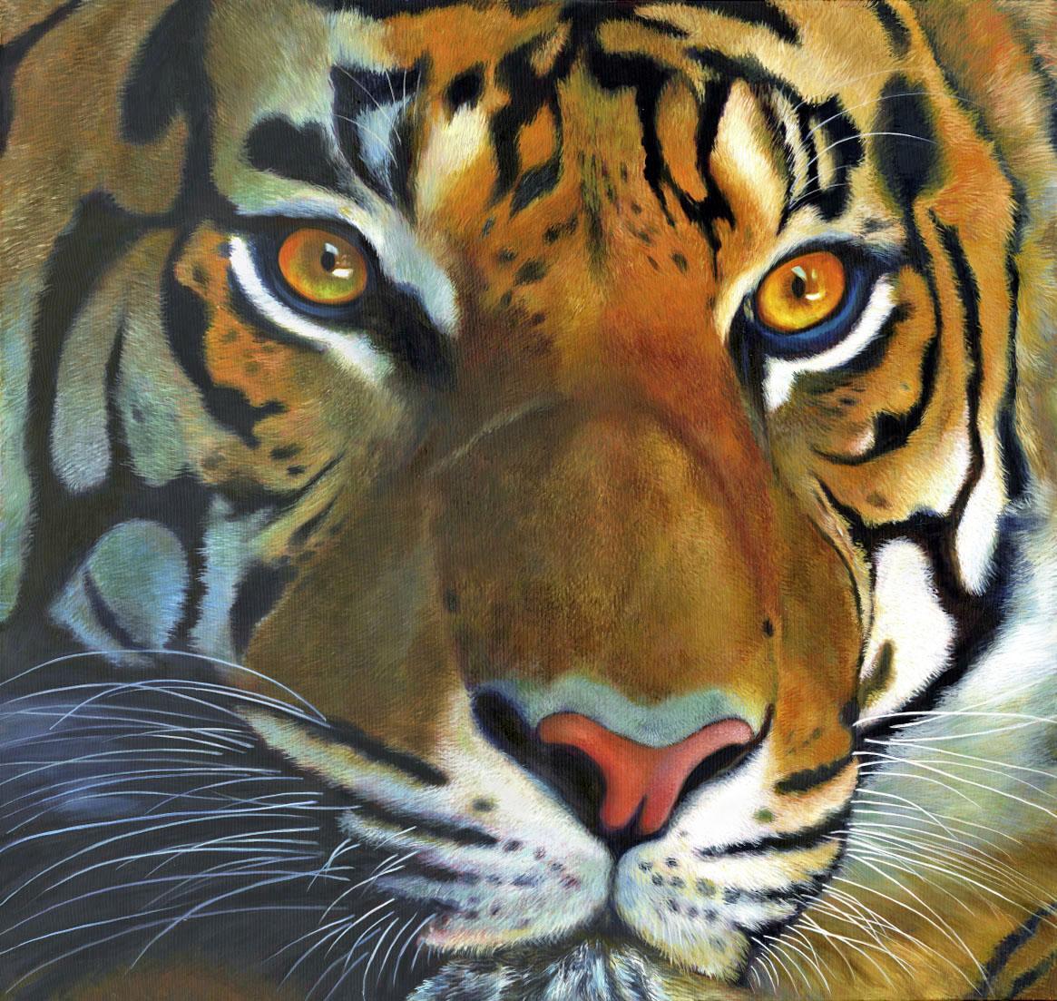 Tiger II-original modern photo realism wildlife oil painting-contemporary Art - Painting by Fabriano