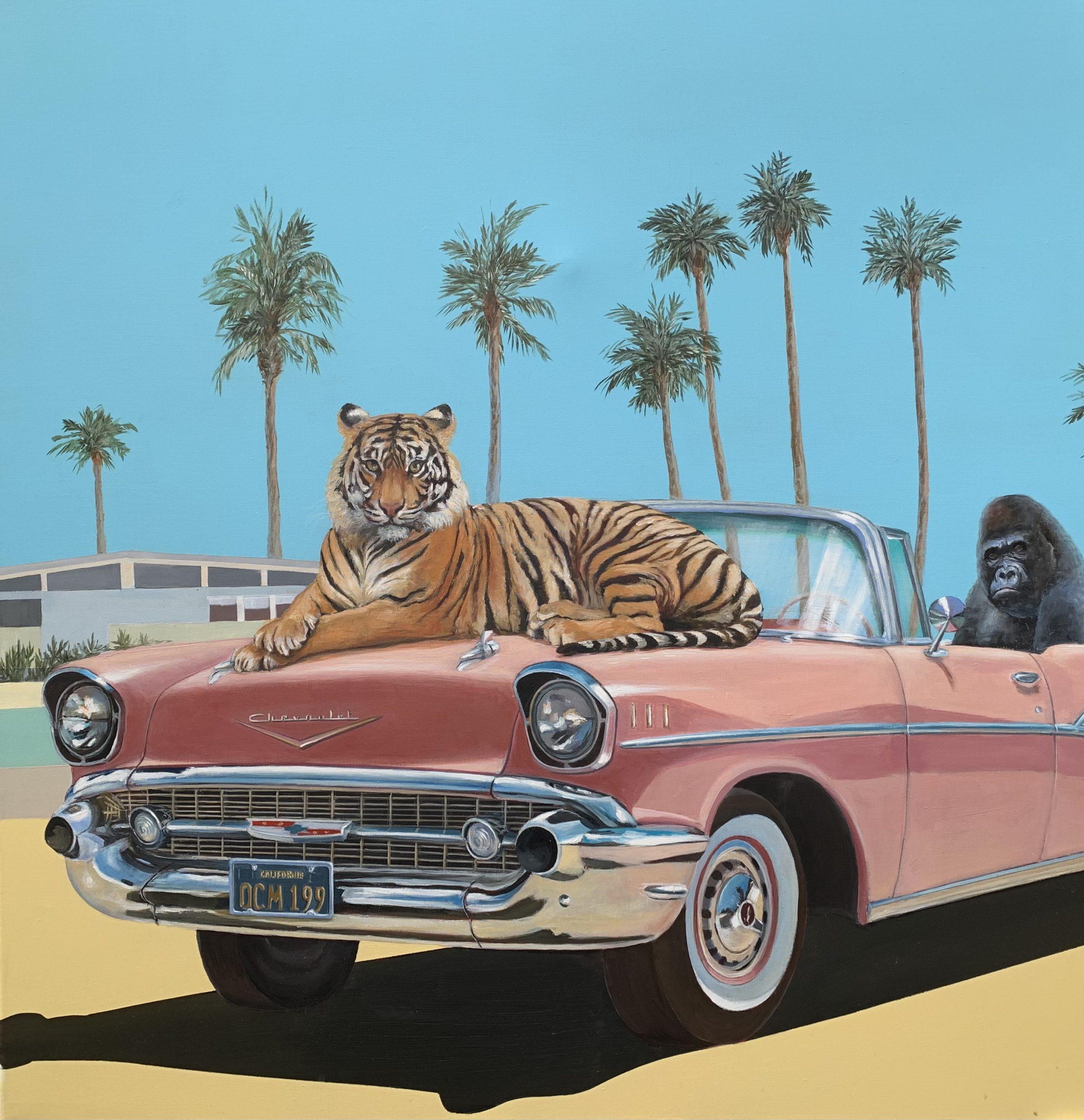 Welcome in the Desert - animal car portraiture figurative realism original paint