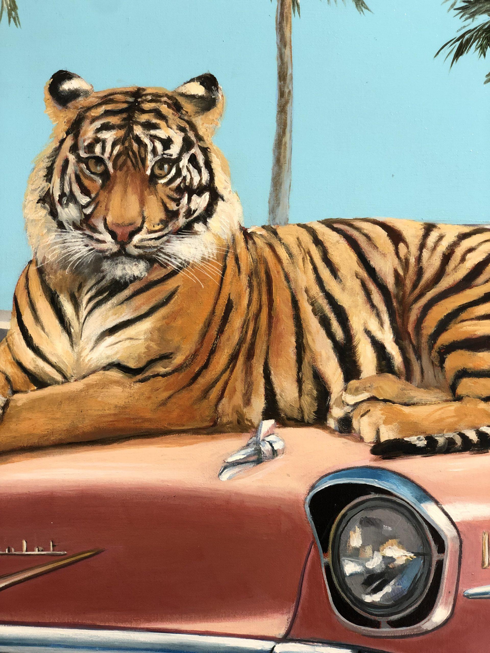 Willkommen in der Wüste-ORIGINAL Fotorealismus Wildtiere Tiger Ölgemälde-Kunst (Blau), Animal Painting, von Fabriano