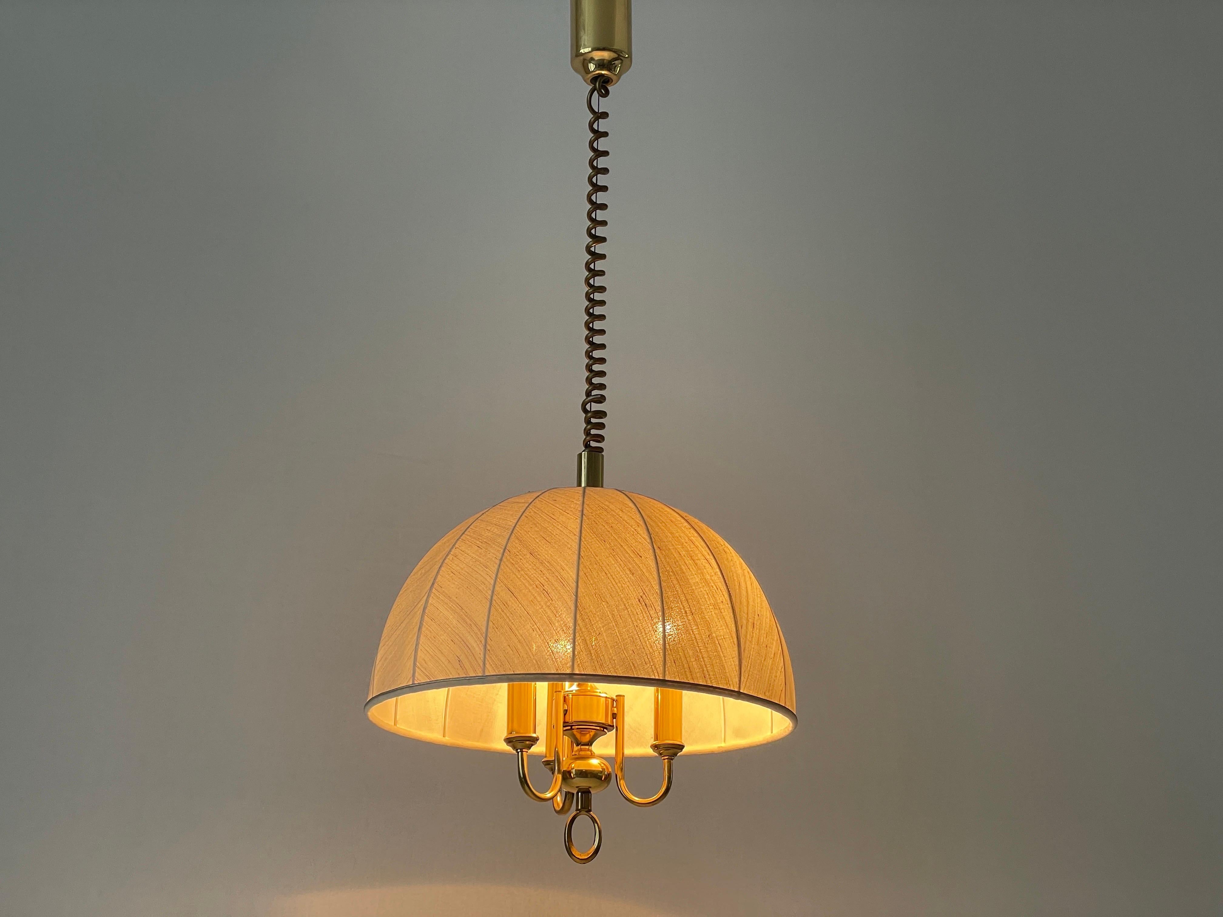 Fabric and Brass 3 socket Adjustable Shade Pendant Lamp by WKR, 1970s, Germany For Sale 5