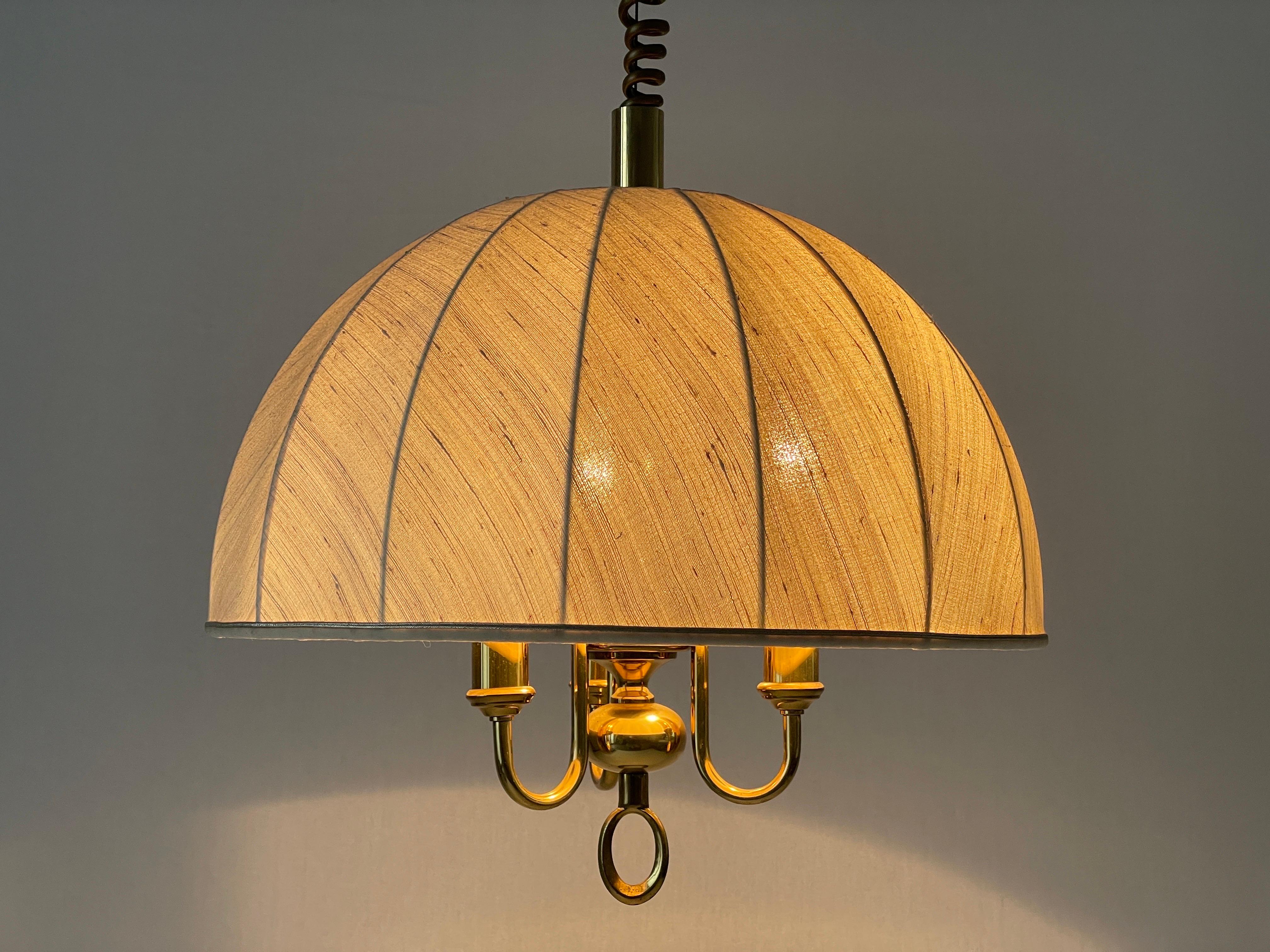 Fabric and Brass 3 socket Adjustable Shade Pendant Lamp by WKR, 1970s, Germany For Sale 9