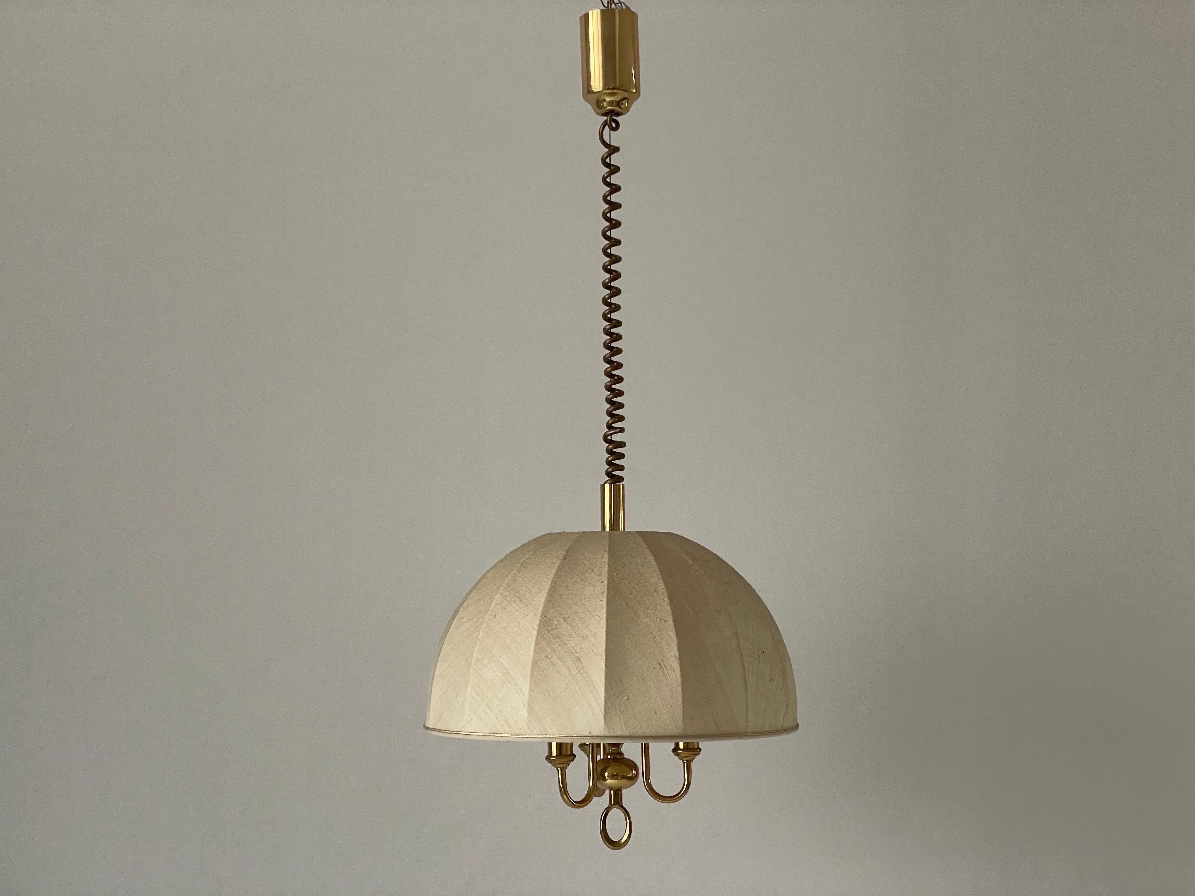 Beige Fabric and Brass 3 socket Adjustable Shade Mid-century Modern XL Pendant Lamp by WKR, 1970s, Germany

Adjustable large lampshade.

Brass body & fabric shade
Manufactured in Germany

This lamp works with 3 x E14 light bulbs.

Measures: 
Height