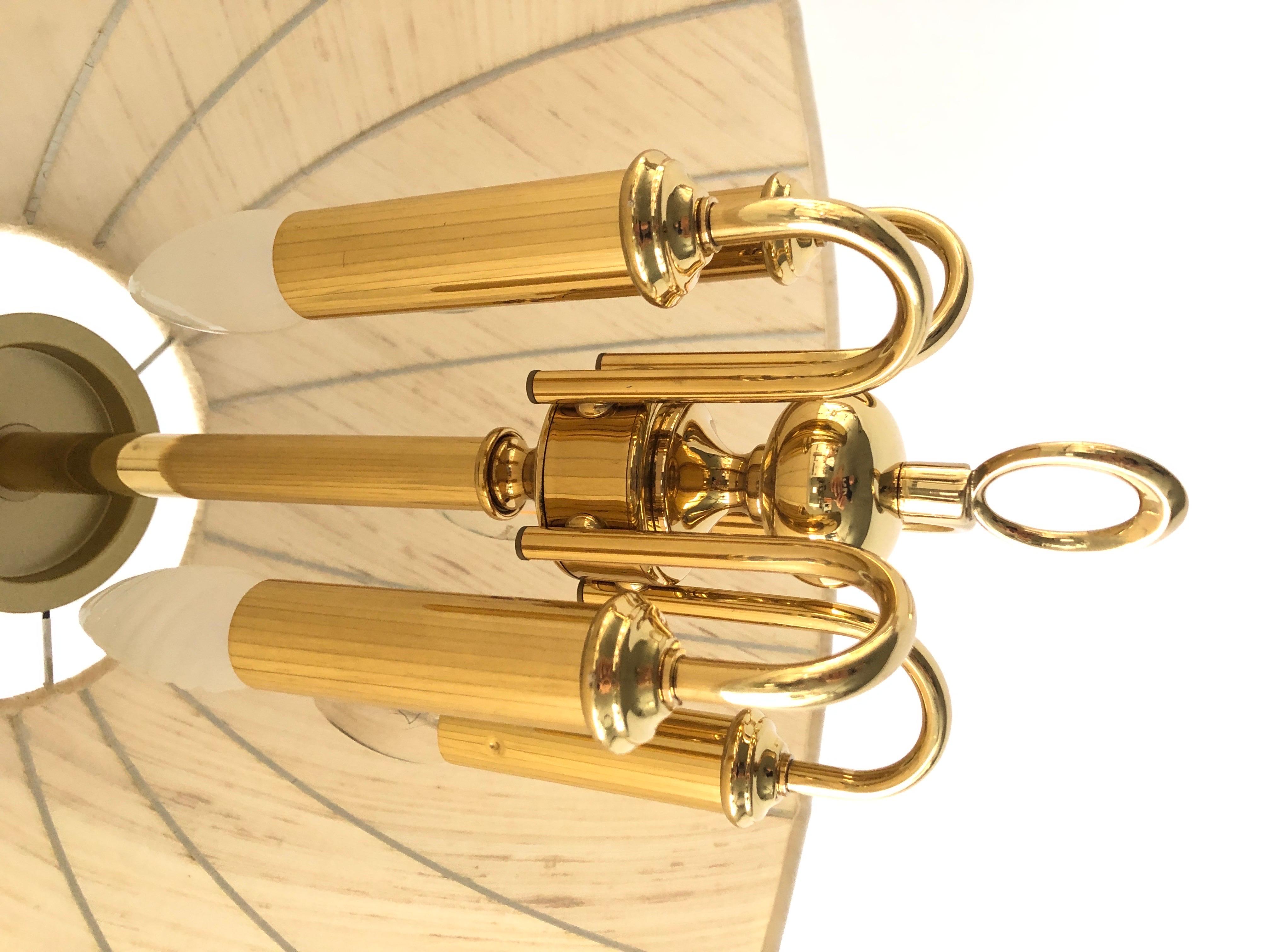 Mid-Century Modern Fabric and Brass 5 socket Adjustable Shade Pendant Lamp by WKR, 1970s, Germany