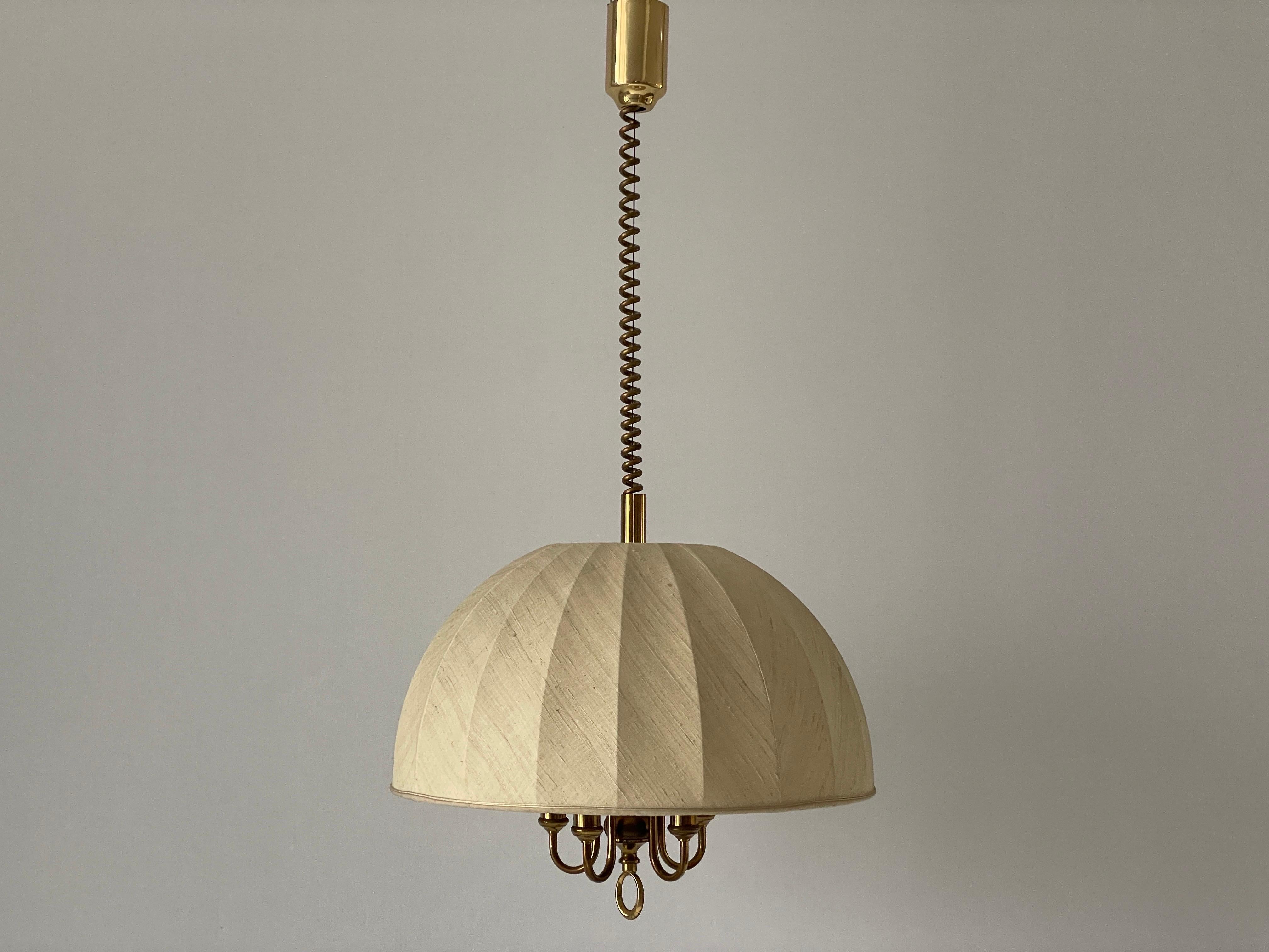 Fabric and Brass 5 socket Adjustable Shade Pendant Lamp by WKR, 1970s, Germany In Excellent Condition For Sale In Hagenbach, DE