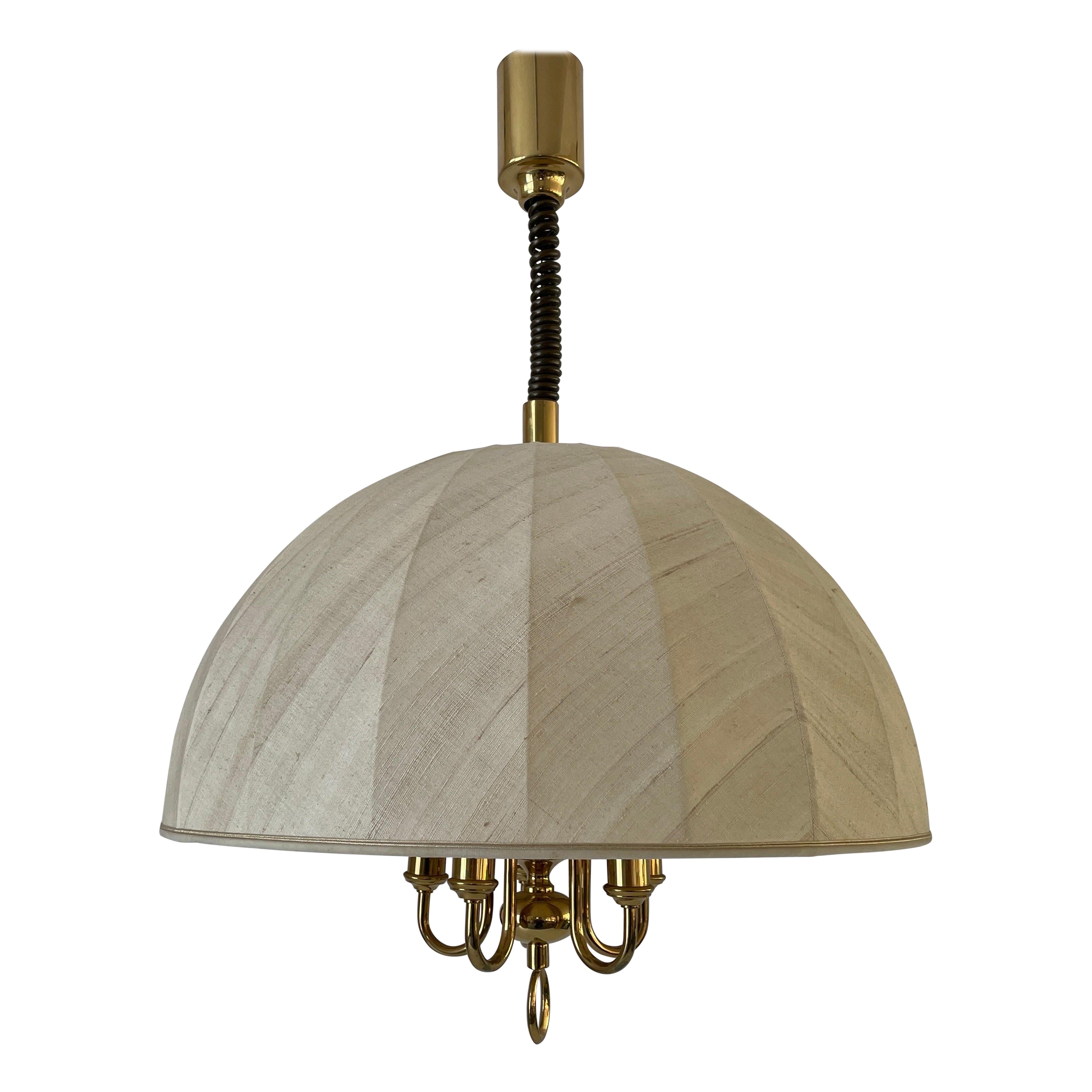 Lampe à suspension réglable à 5 douilles en tissu et laiton de WKR, 1970, Allemagne