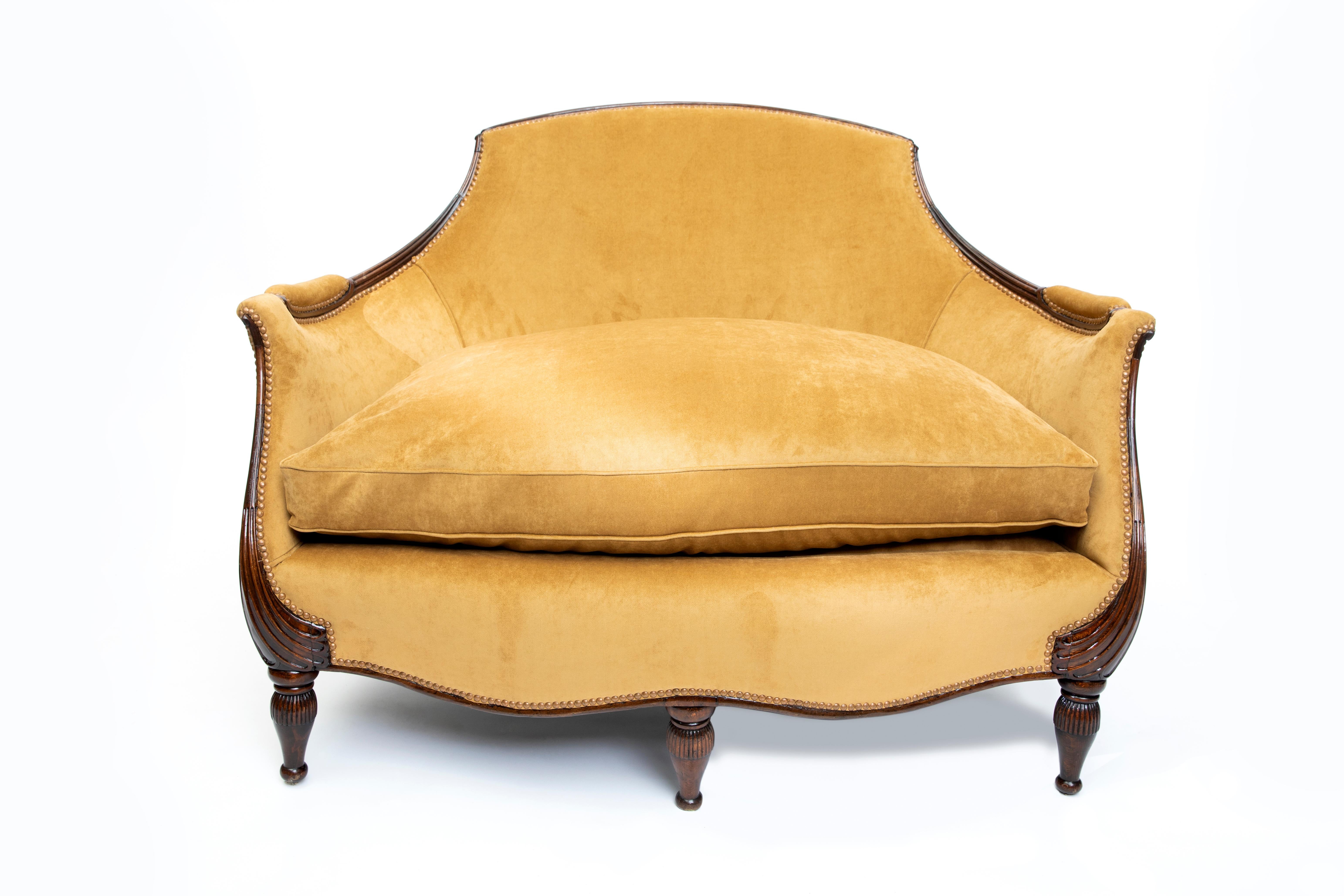 Fabric and wood Art Deco three piece suite, Francia, circa 1925.
Attributed to Louis Sue. 
One large sofa and two armchairs.

Large sofa dimensions: 90 cm height, 130 cm width, 90 cm depth, seat height 55 cm.
Pair of armchairs dimensions: 90 cm