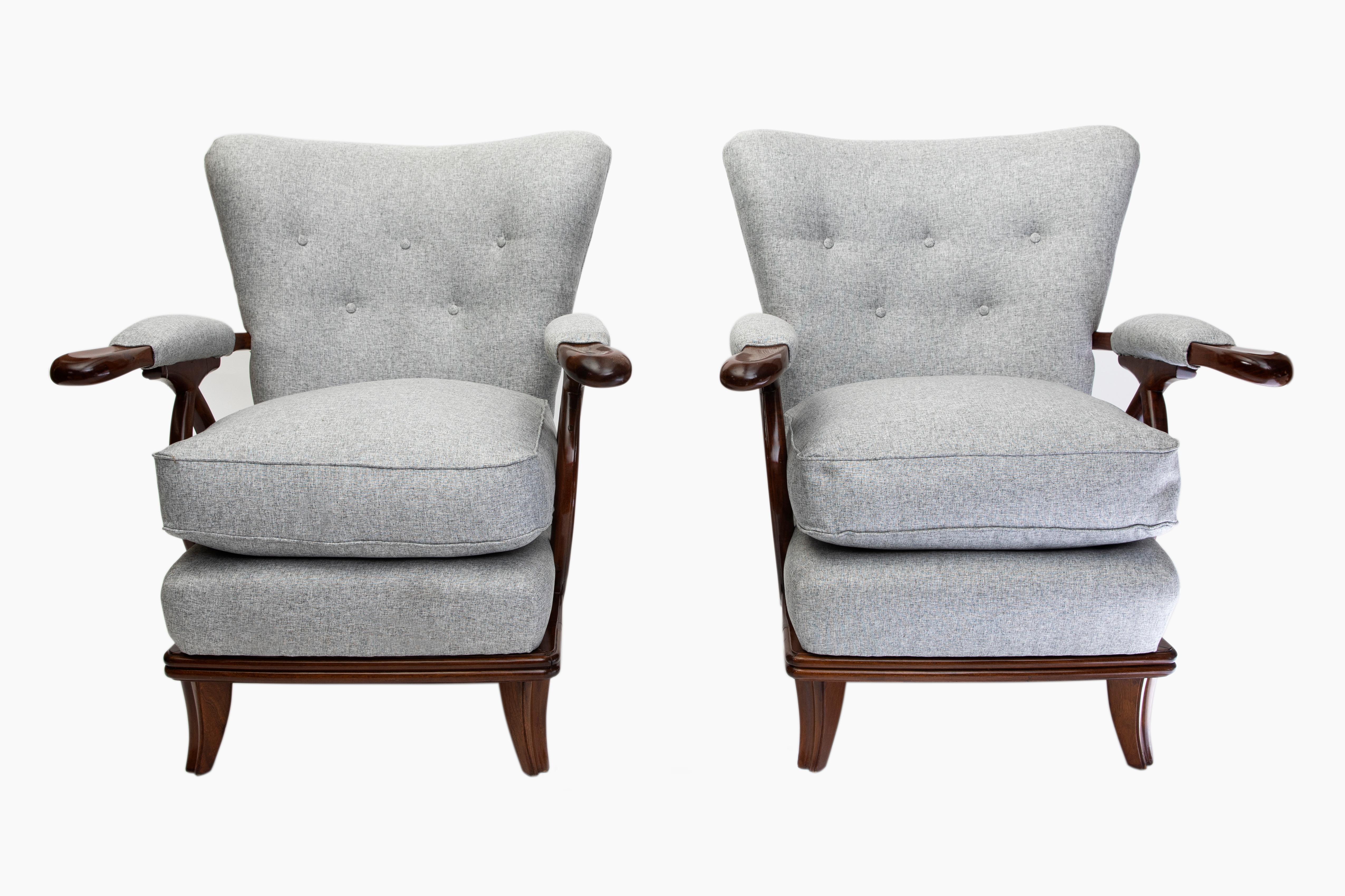 Fabric and wood three piece suite by Englander & Bonta, Argentina, circa 1950. 

Large sofa dimensions: 86 cm height, 186 cm width, 80 cm depth, 42 cm seat height.
Pair of armchairs dimensions: 90 cm height, 80 cm width, 75 cm depth, 48 cm seat