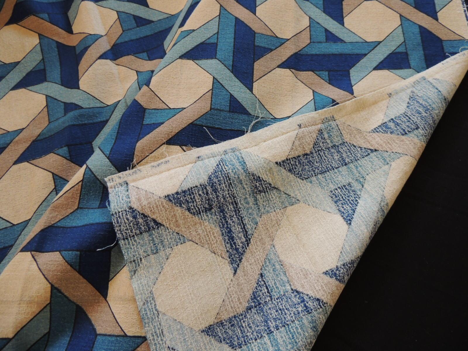Bohemian Fabric by The Yard Vintage Blue and Tan Trellis Pattern Bark Cloth Textile