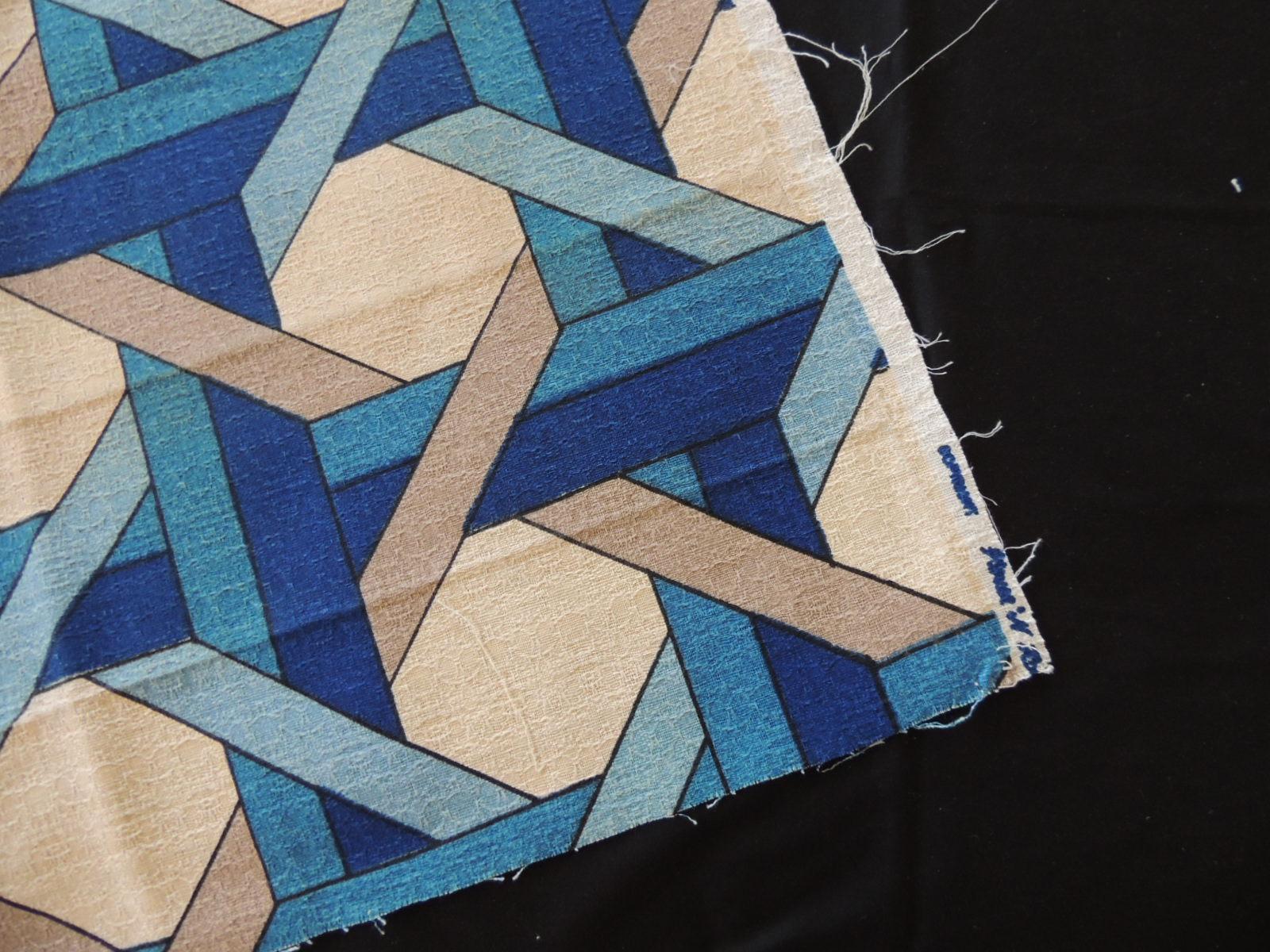 Bohemian Fabric by the Yard, Vintage Blue and Tan Trellis Pattern Bark Cloth Textile