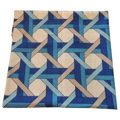 Fabric by the Yard, Vintage Blue and Tan Trellis Pattern Bark Cloth Textile
