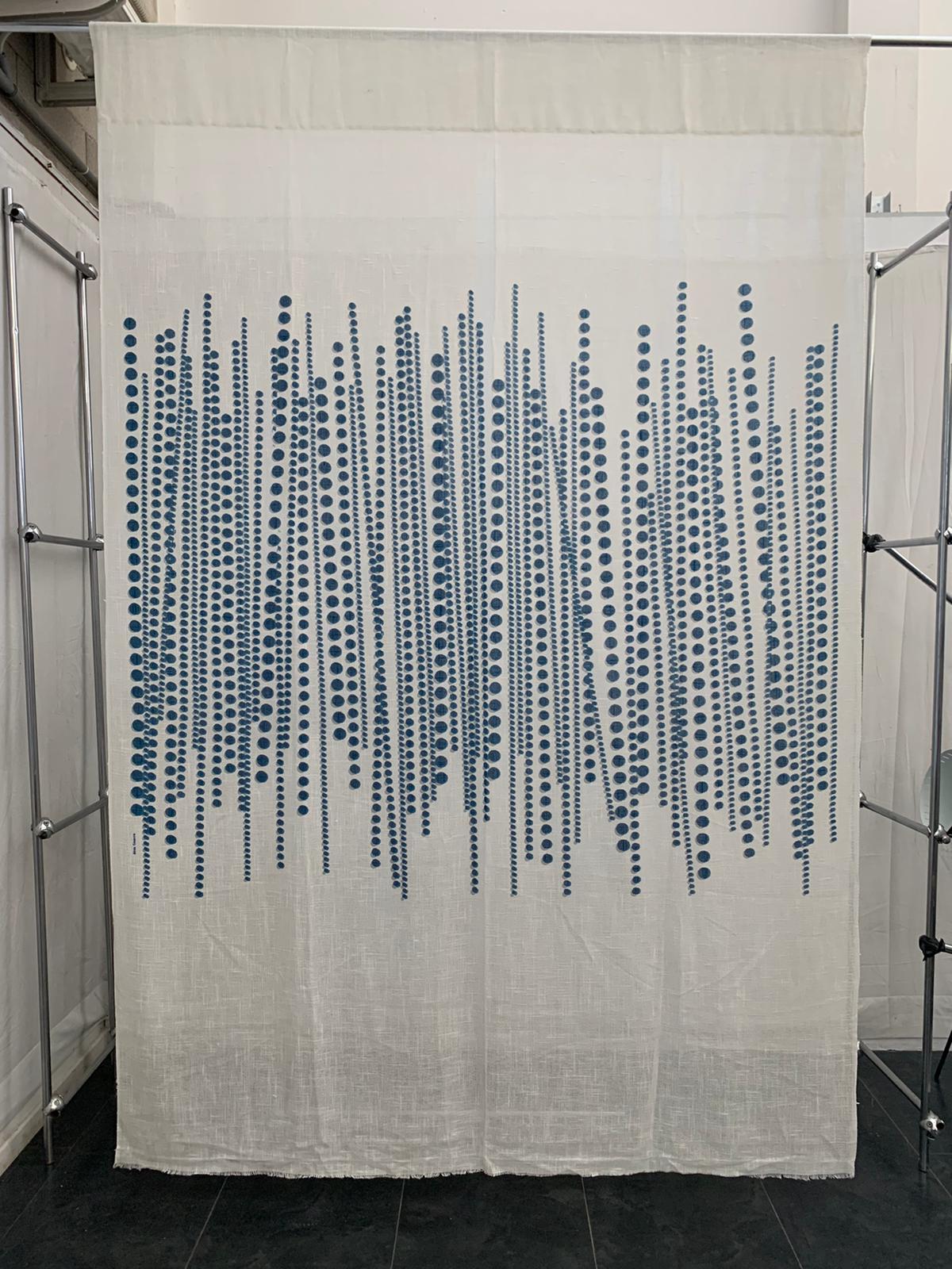 Silvio Coppola, fabric with upper buttonhole for tube insertion, can be used as a separator or curtain. in silkscreen printed cotton with optical theme. Since the late sixties Silvio Coppola has been collaborating with large Italian and foreign