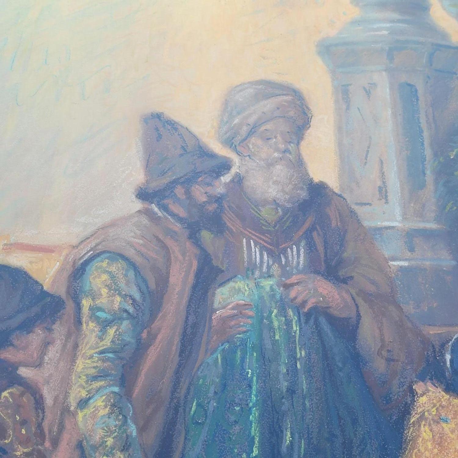 Mercanti di stoffe a Venezia, pastello incorniciato, inizio XX secolo in vendita 5