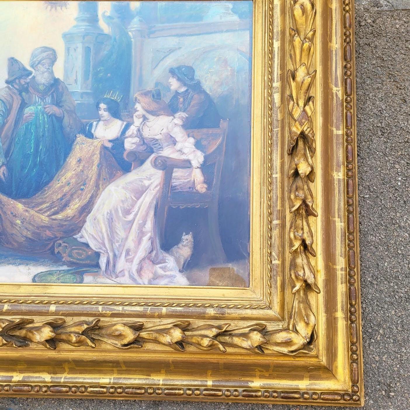 Grande pastello incorniciato che raffigura mercanti di seta che presentano i loro tessuti a ricchi clienti a Venezia.  

 Firma illeggibile nell'angolo inferiore sinistro.   

Pastello in buone condizioni (protetto da un vetro), qualche perdita di