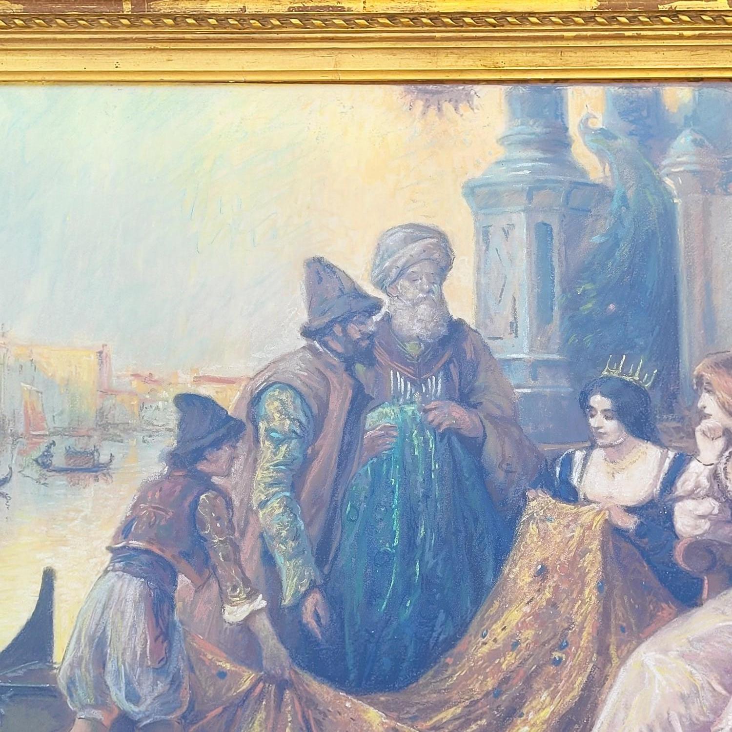 Mercanti di stoffe a Venezia, pastello incorniciato, inizio XX secolo In condizioni buone in vendita a MARSEILLE, FR