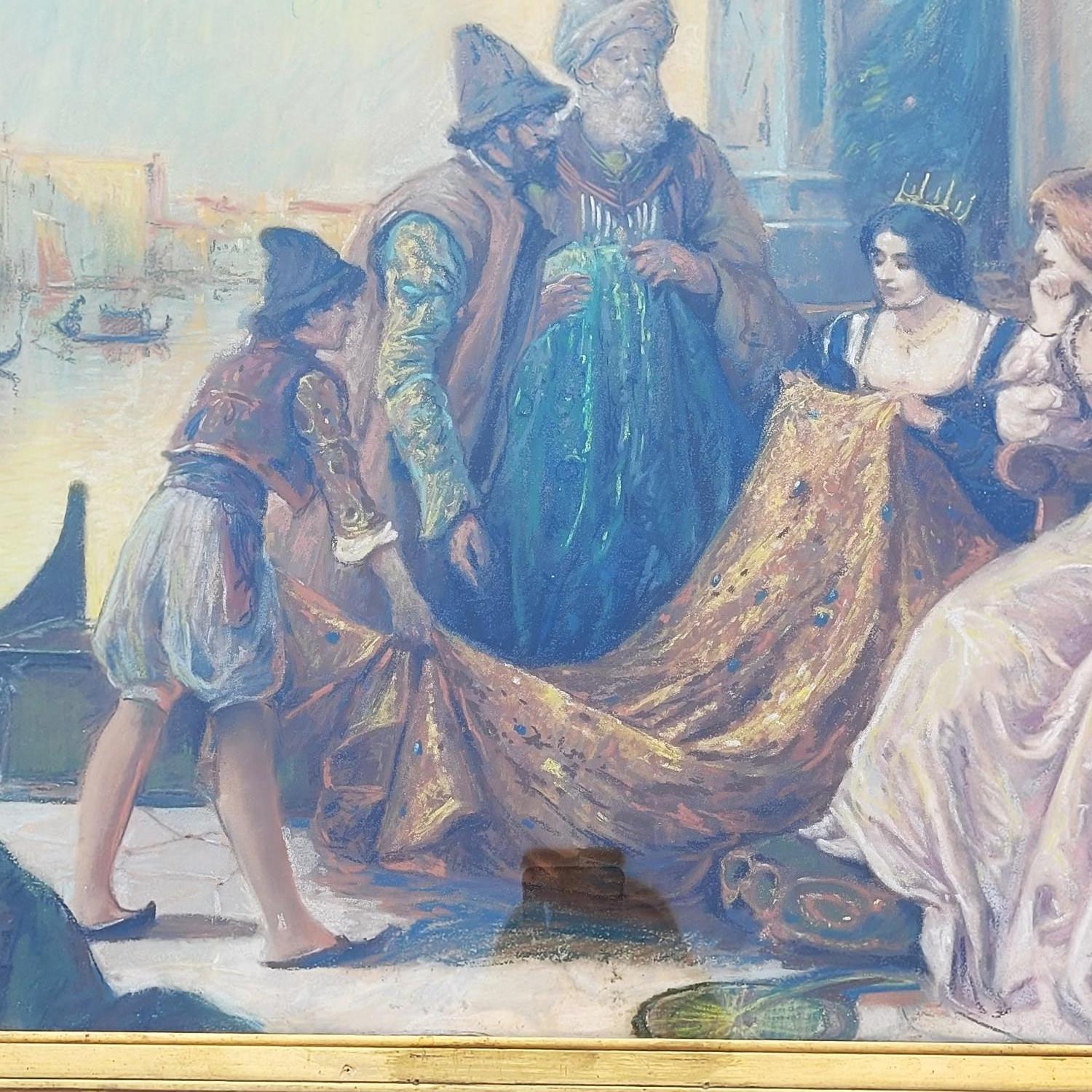 Acrilico Mercanti di stoffe a Venezia, pastello incorniciato, inizio XX secolo in vendita