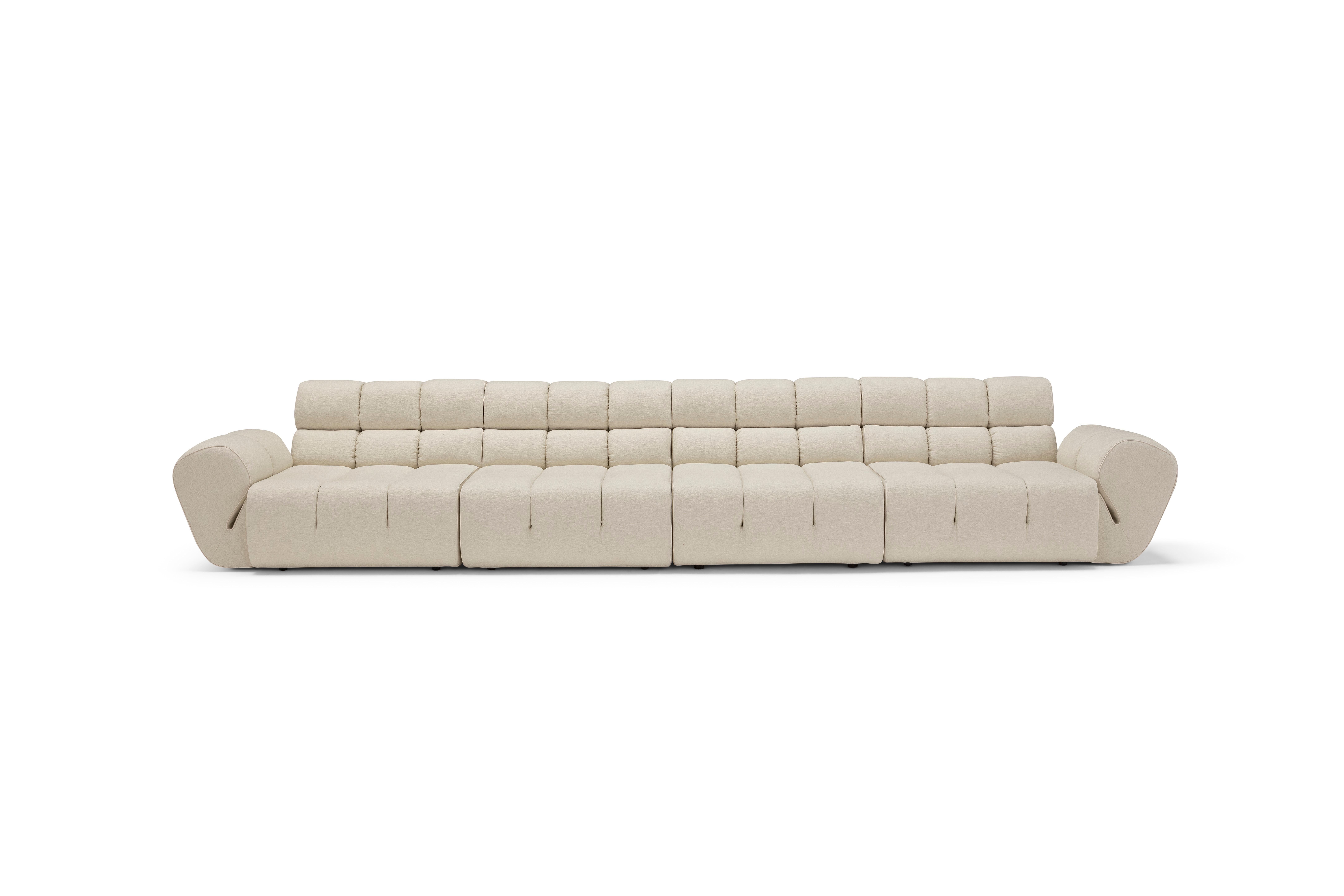 Fabric Palmo Sofa Composition by Amura Lab
Dimensions: W 417 x D 118 x H 80 cm
Materials: FRAME: poplar multiply SUSPENSIONS: rubber and polypropylene belts. SEAT: polyurethane foam, density 30 kg/m³ , Mollapiuma and Memory foam. BACK AND ARMREST: