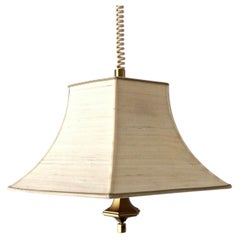 Fabric Shade and Brass Body Adjustable Shade Pendant Lamp, 1970s, Germany