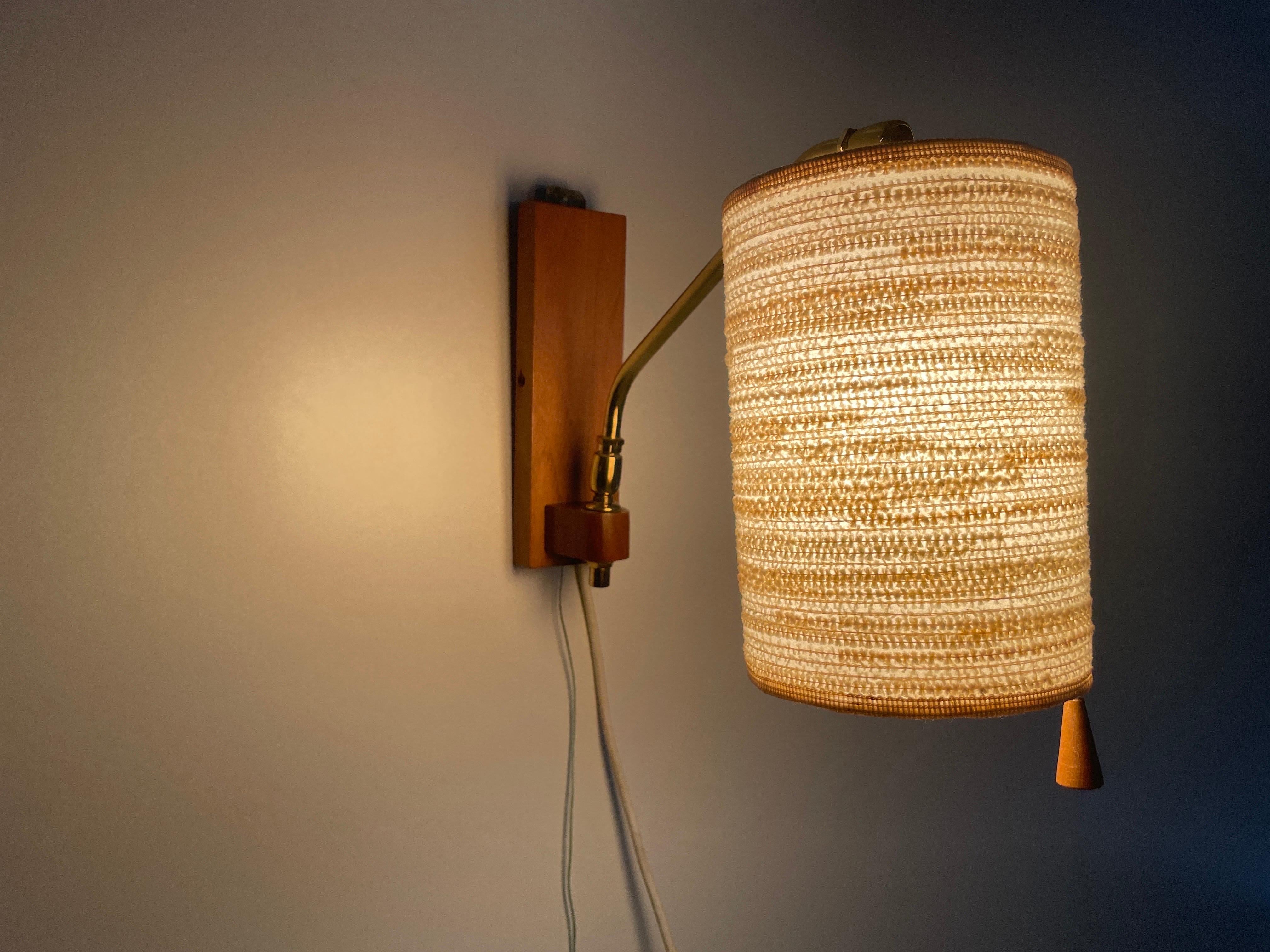 Fabric Shade and Wood Wall Lamp with Brass Neck, 1960s, Germany For Sale 5