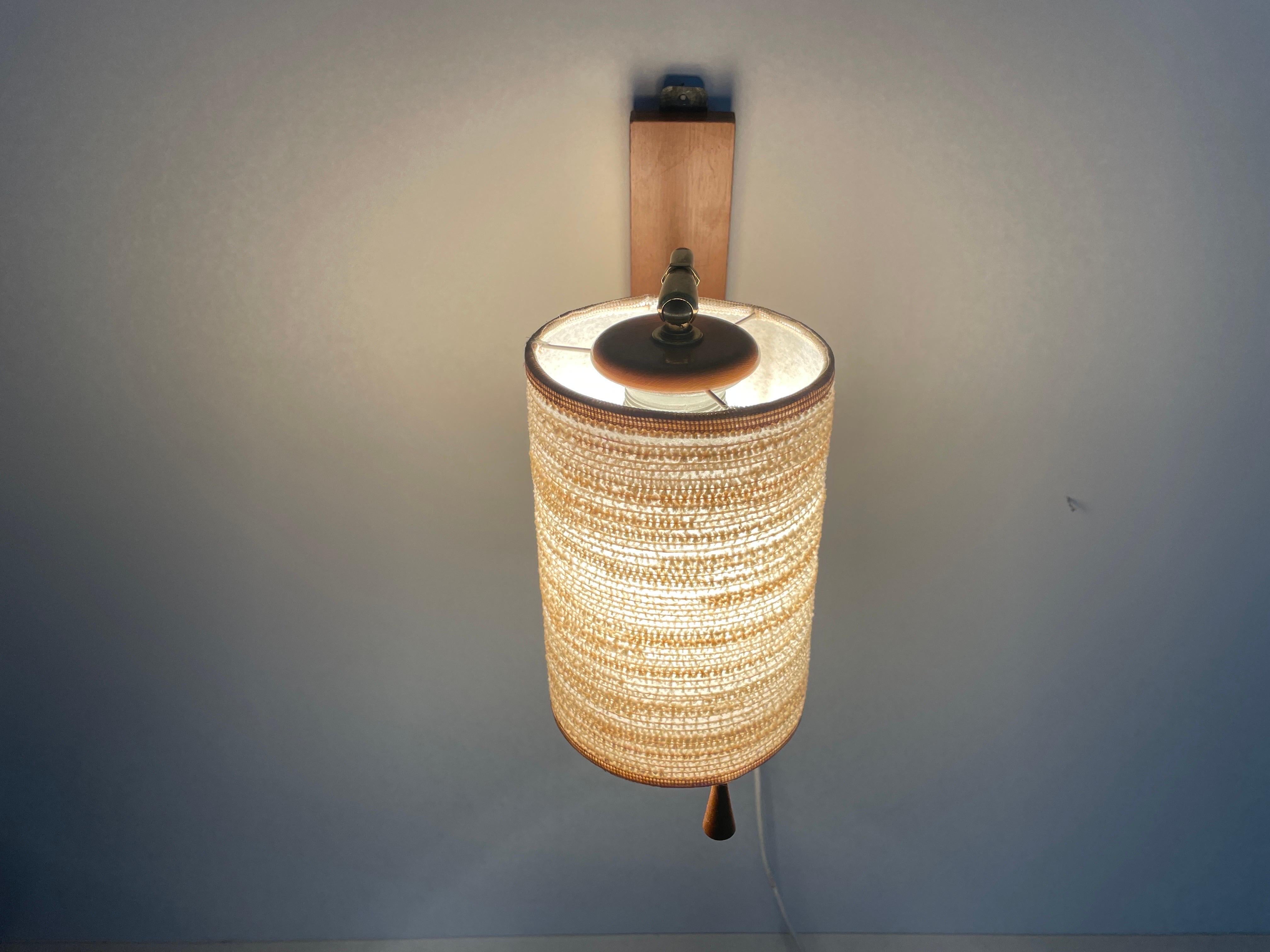 Fabric Shade and Wood Wall Lamp with Brass Neck, 1960s, Germany For Sale 8