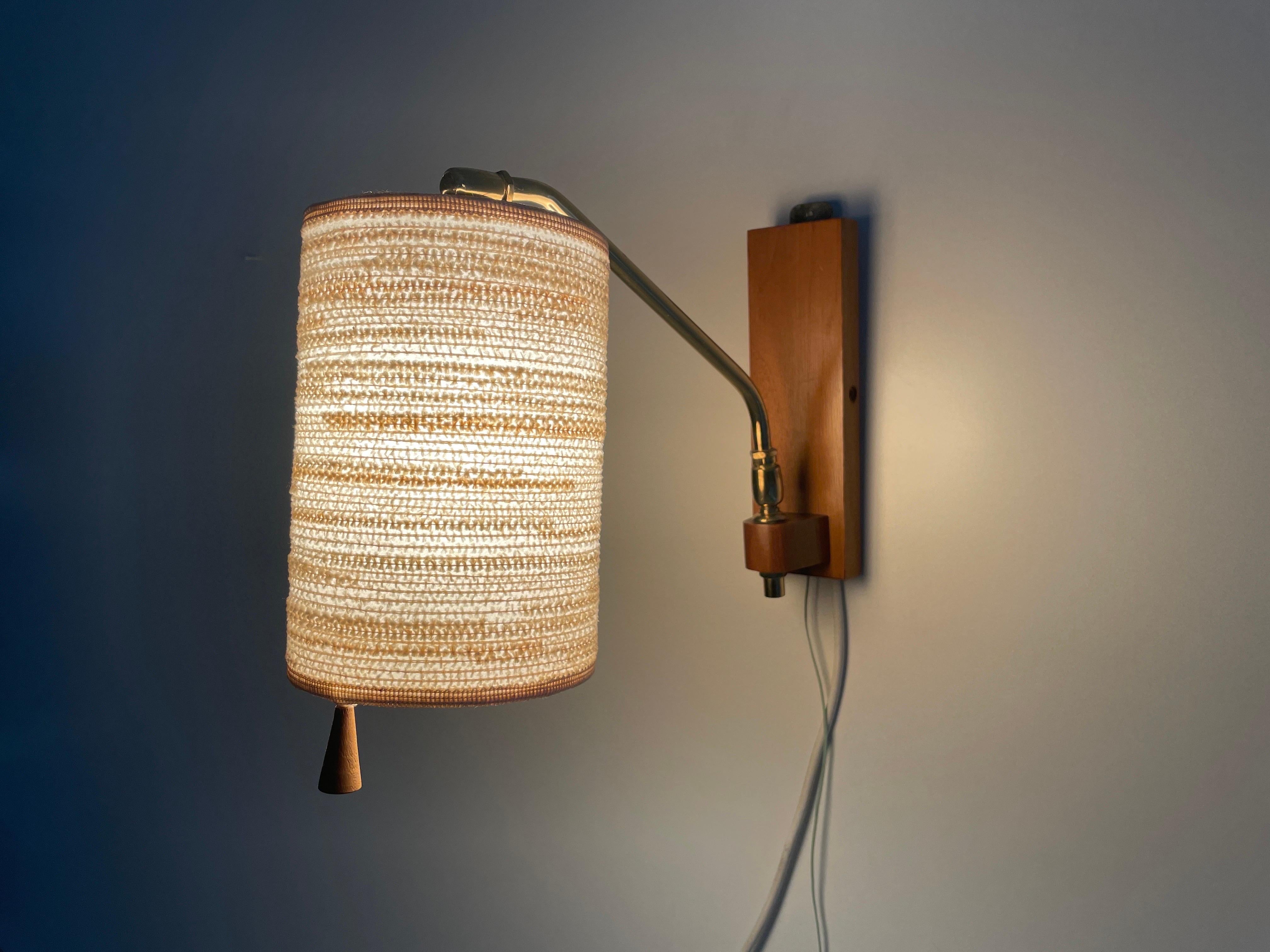 Fabric Shade and Wood Wall Lamp with Brass Neck, 1960s, Germany For Sale 10