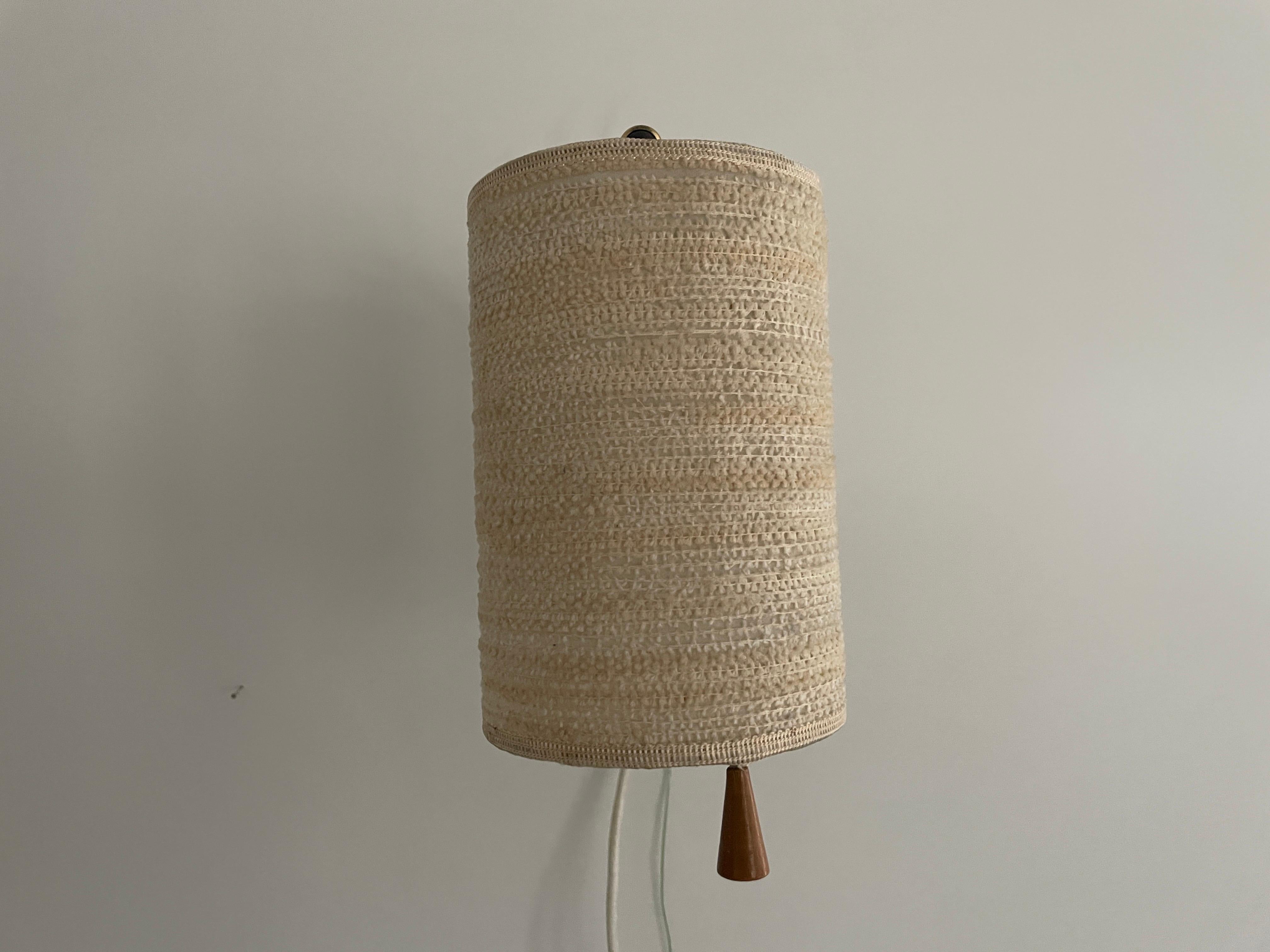 Mid-Century Modern Fabric Shade and Wood Wall Lamp with Brass Neck, 1960s, Germany For Sale
