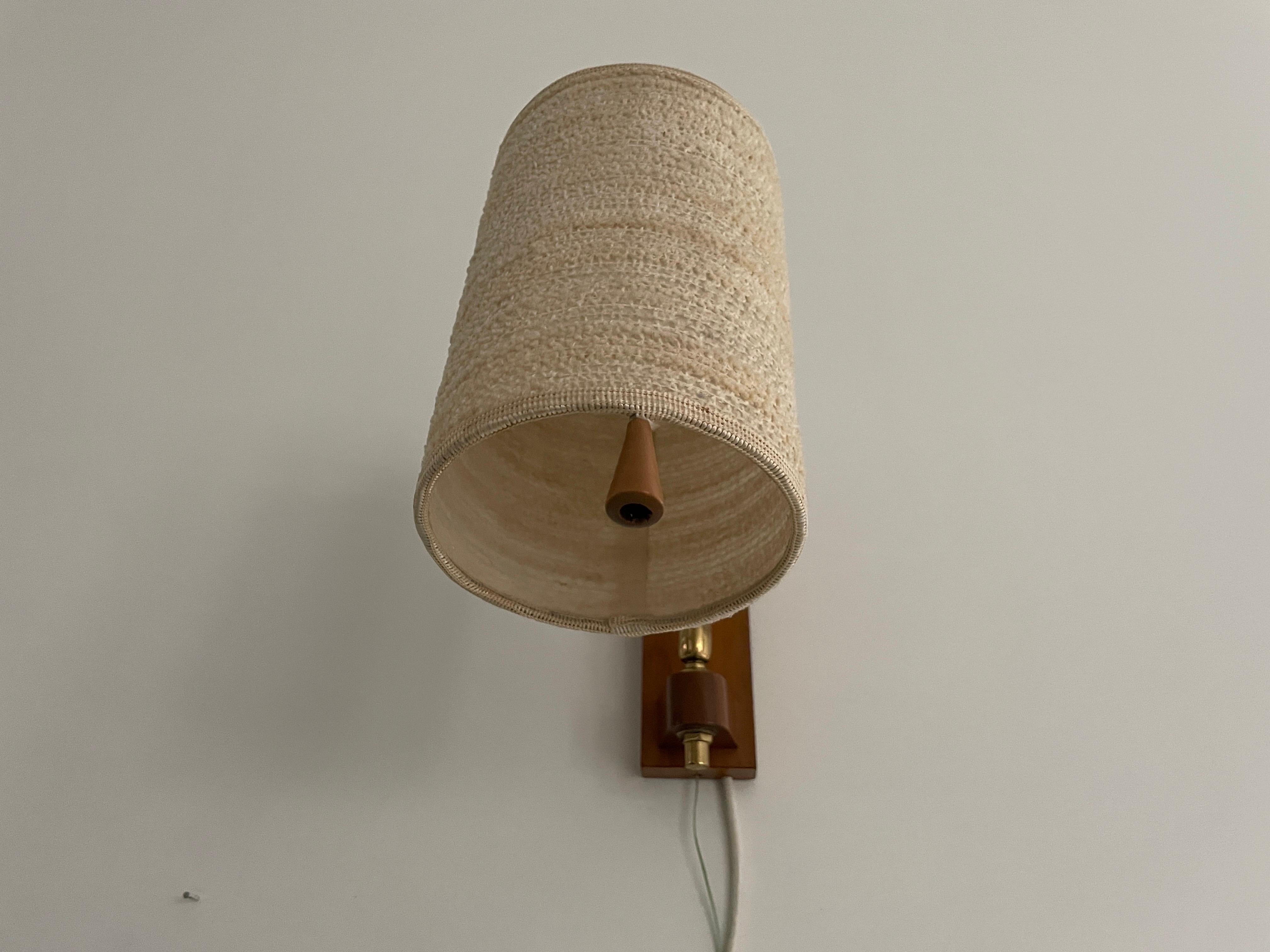 Fabric Shade and Wood Wall Lamp with Brass Neck, 1960s, Germany In Excellent Condition For Sale In Hagenbach, DE