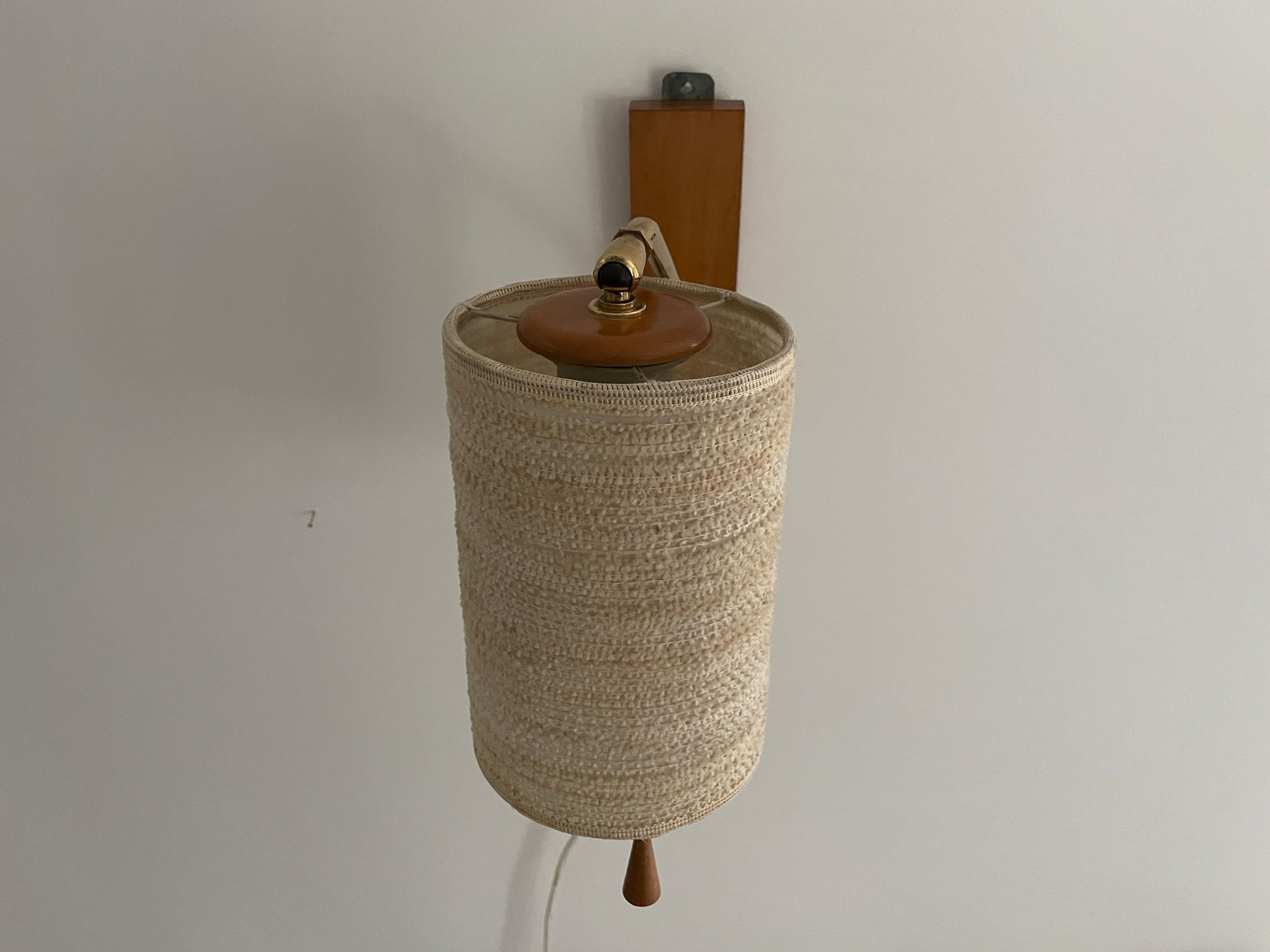 Mid-20th Century Fabric Shade and Wood Wall Lamp with Brass Neck, 1960s, Germany For Sale