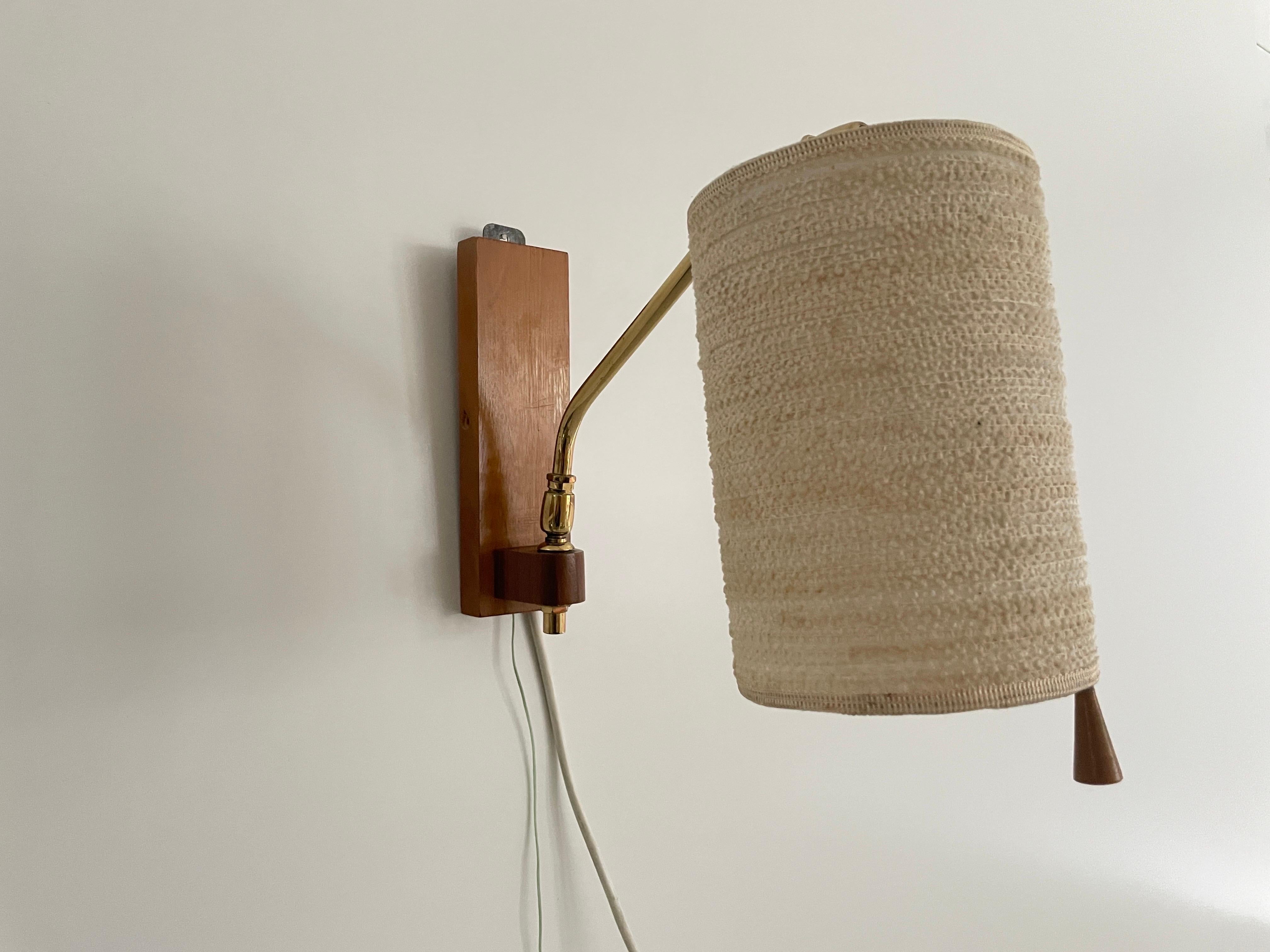 Fabric Shade and Wood Wall Lamp with Brass Neck, 1960s, Germany For Sale 1