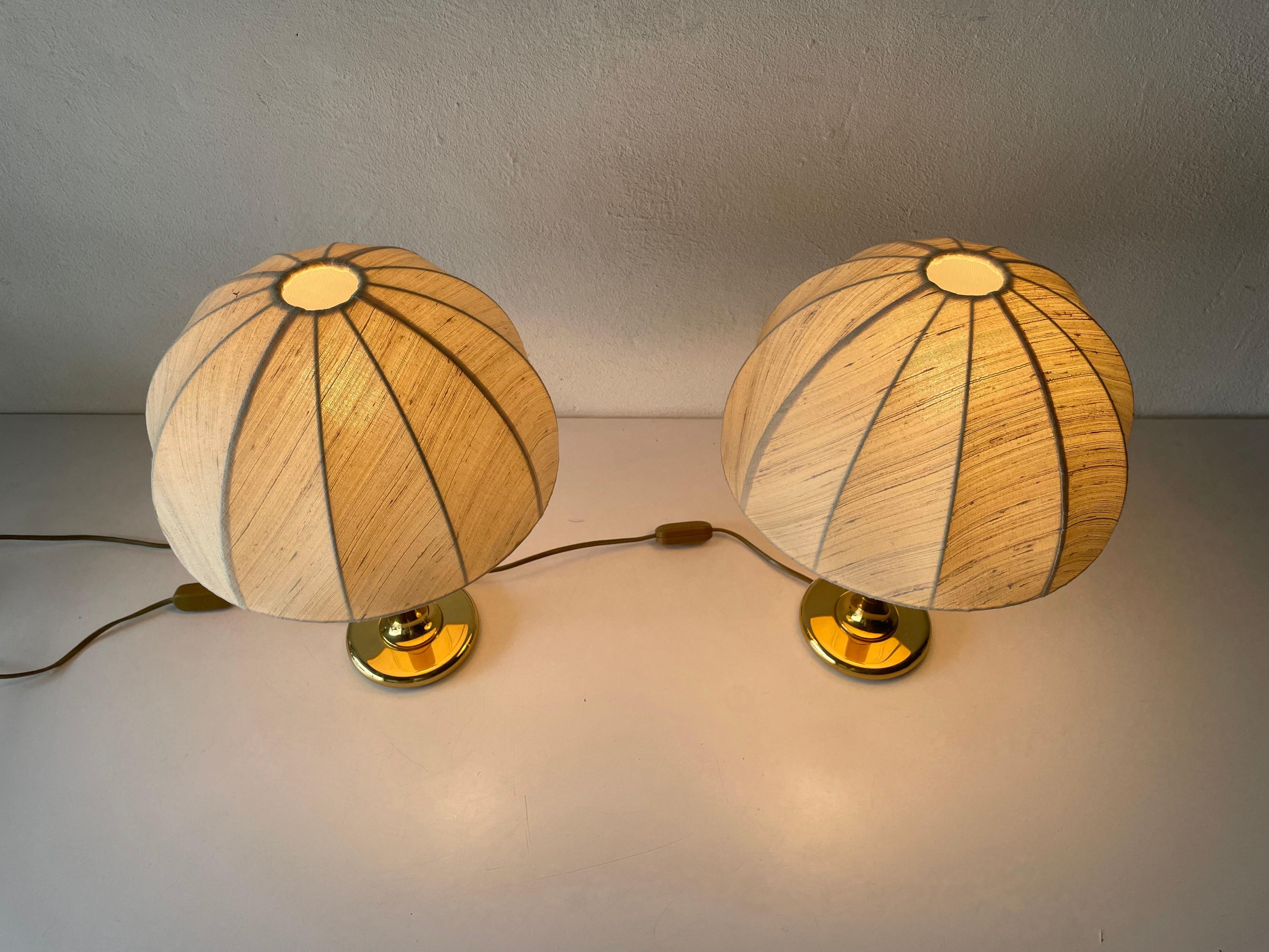 Fabric Shade & Brass Body Elegant Pair of Bedside Lamps by ERU, 1980s, Germany 4