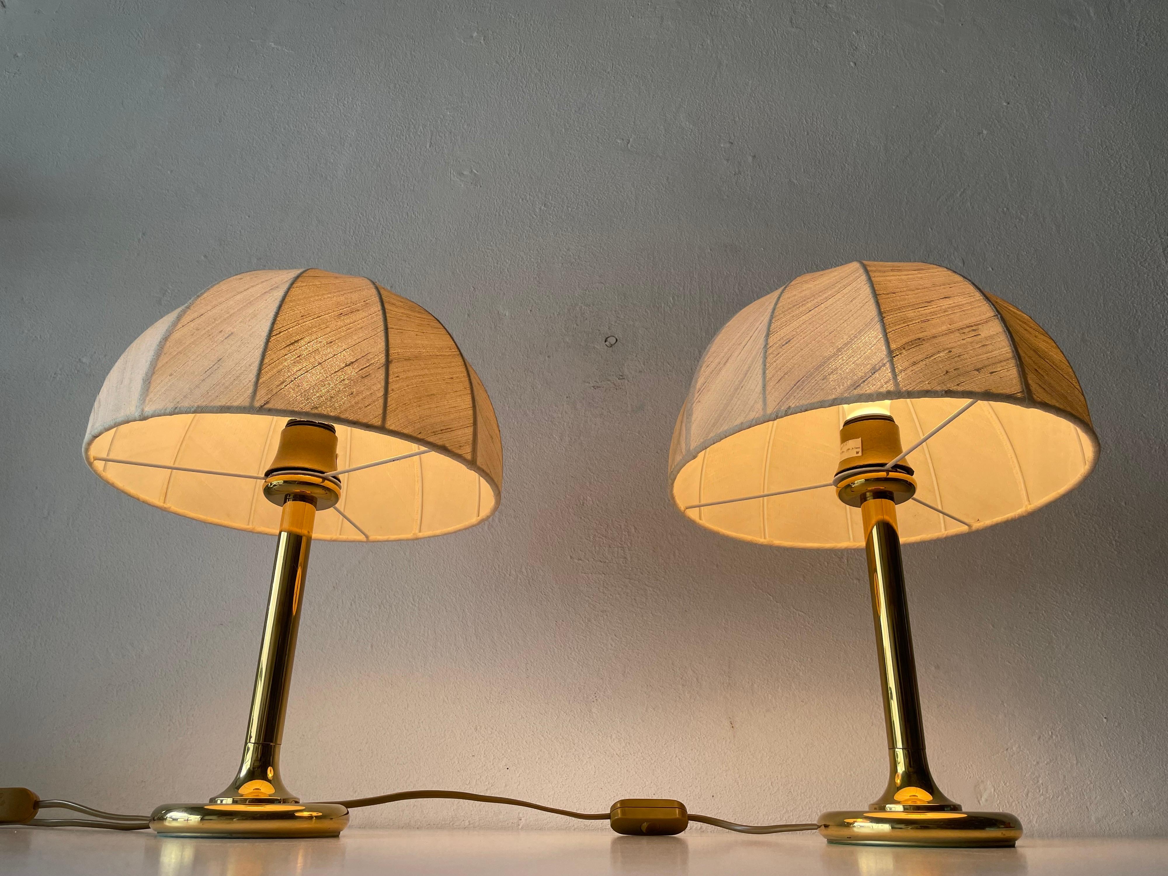 Fabric Shade & Brass Body Elegant Pair of Bedside Lamps by ERU, 1980s, Germany 5
